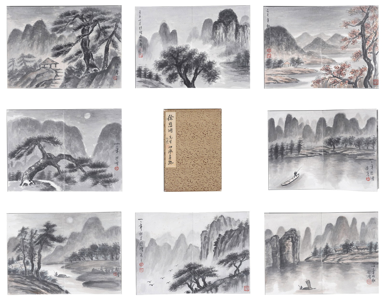 A ALBUM OF LANDSCAPE PAINTINGS ON PAPER (11 LEAVES) BY XU BEIHONG.徐悲鴻: Album of Landscape Paintings on Paper (11 leaves) by Xu Beihong.徐悲鴻