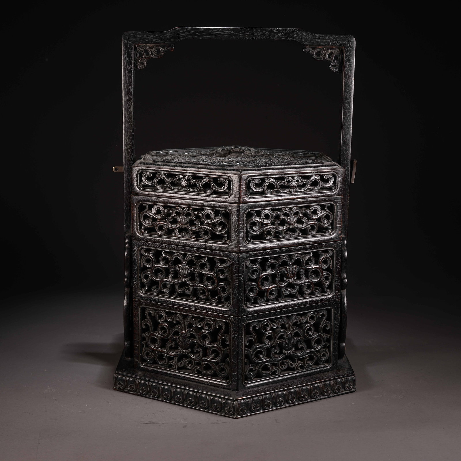 A ZITAN OPENWORK COVERED CARRYING BOX WITH CLOUD AND DRAGON MOTIFS (1 of 10)