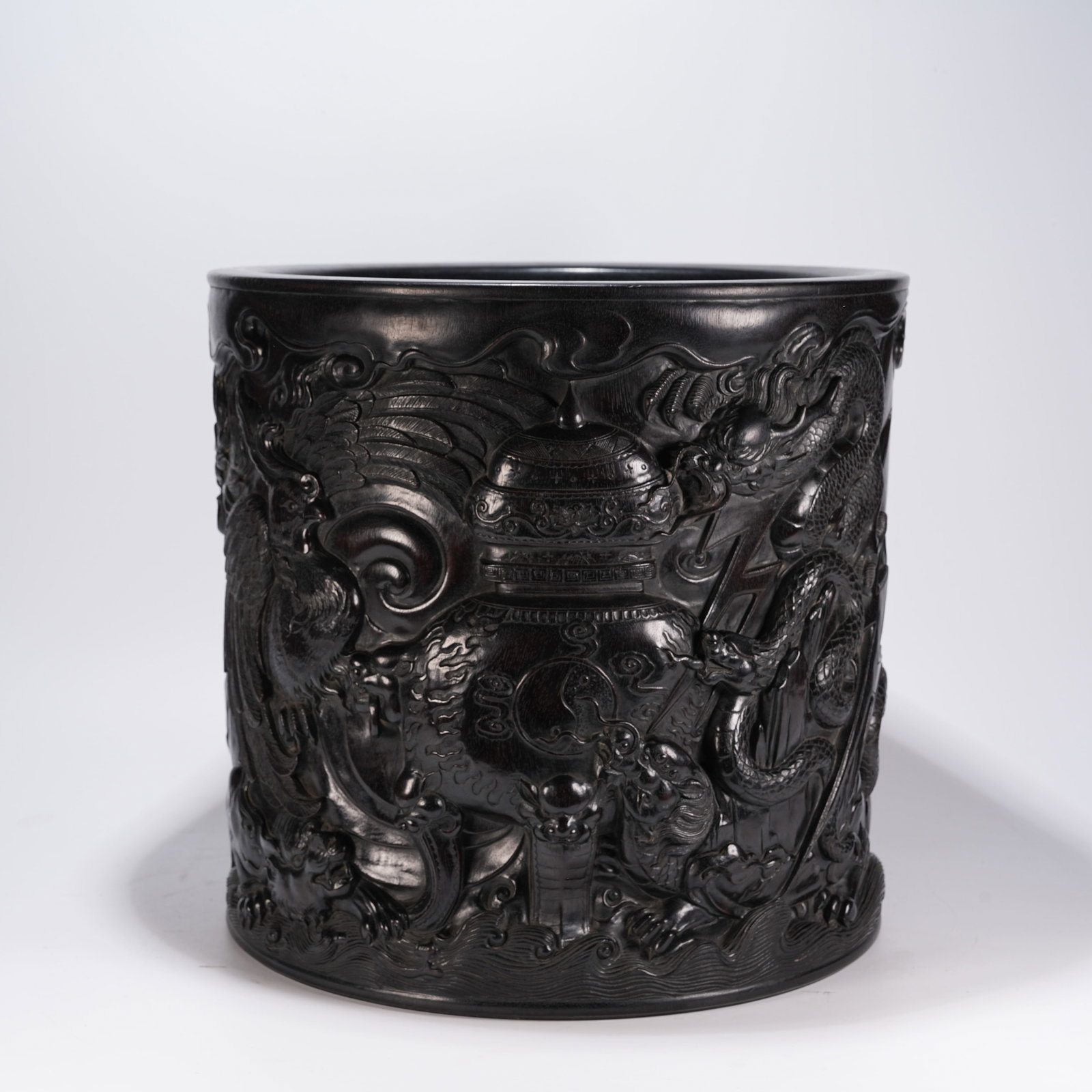 A ZITAN LARGE BRUSH HOLDER WITH DRAGON AND PHOENIX MOTIFS (1 of 10)