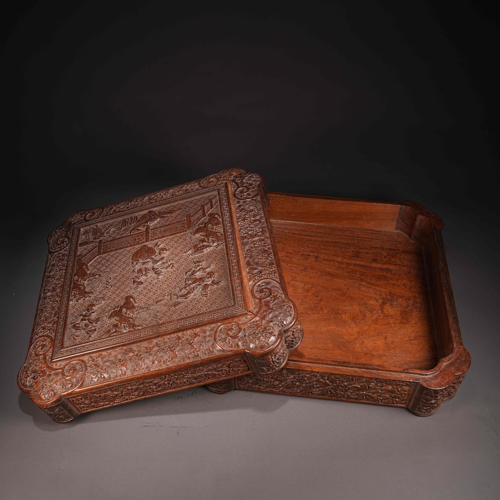 A HUANGHUALI SQUARE COVERED BOX WITH CANTED CORNERS AND "CHILDREN AT PLAY" MOTIFS (1 of 7)