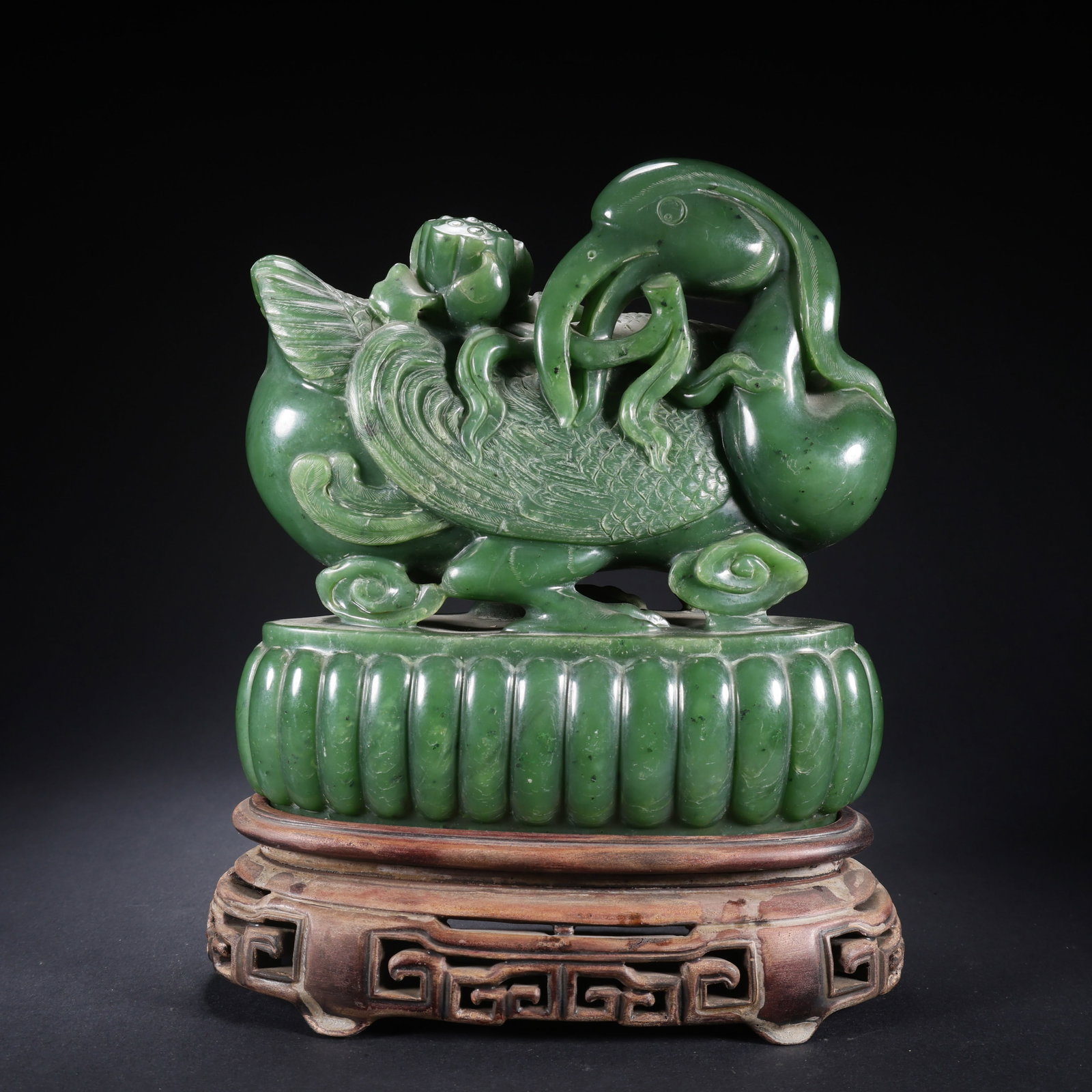 A HETIAN JASPER LOTUS POND WITH AUSPICIOUS DUCKS ORNAMENT ON WOODEN BASE (1 of 9)