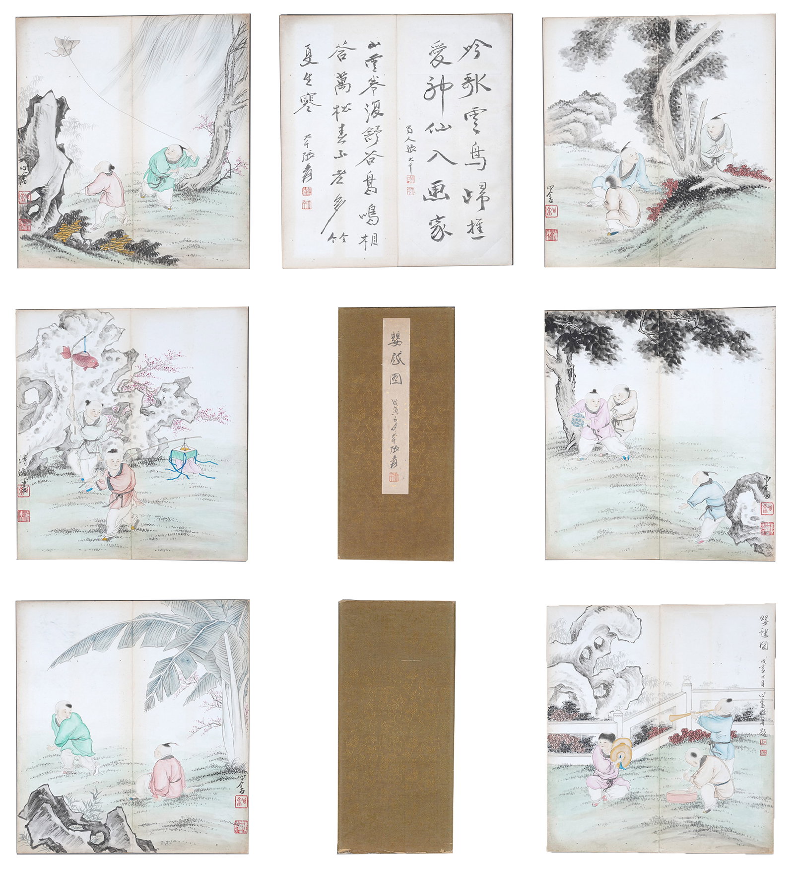 A ALBUM OF CHILDREN AT PLAY PAINTINGS ON PAPER (6 LEAVES) BY PU RU.溥儒: Album of Children at Play Paintings on Paper (6 leaves) by Pu Ru.溥儒