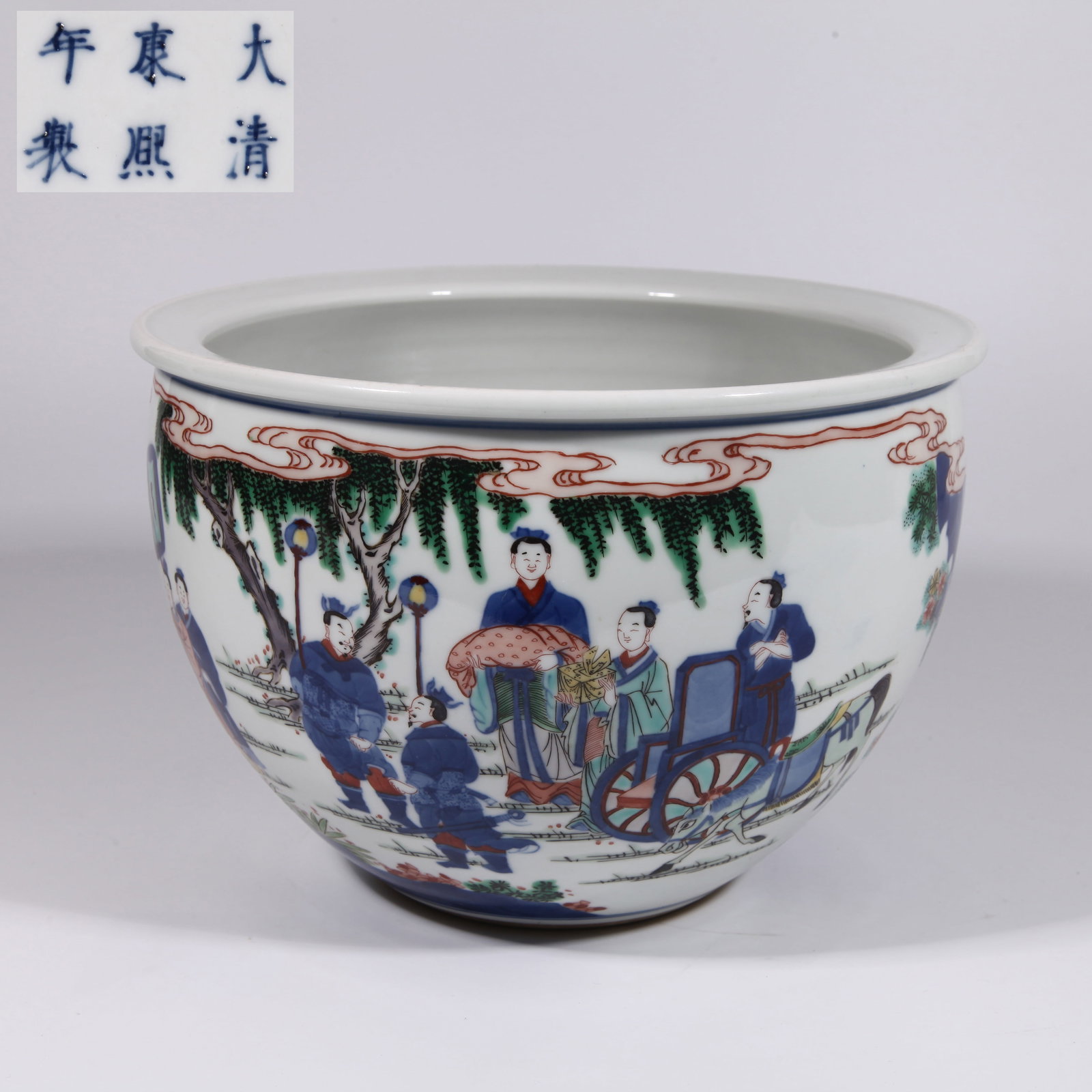 A PLANTER JAR WITH FIGURE STORIES IN BLUE-AND-MULTICOLOR ON WHITE (1 of 9)