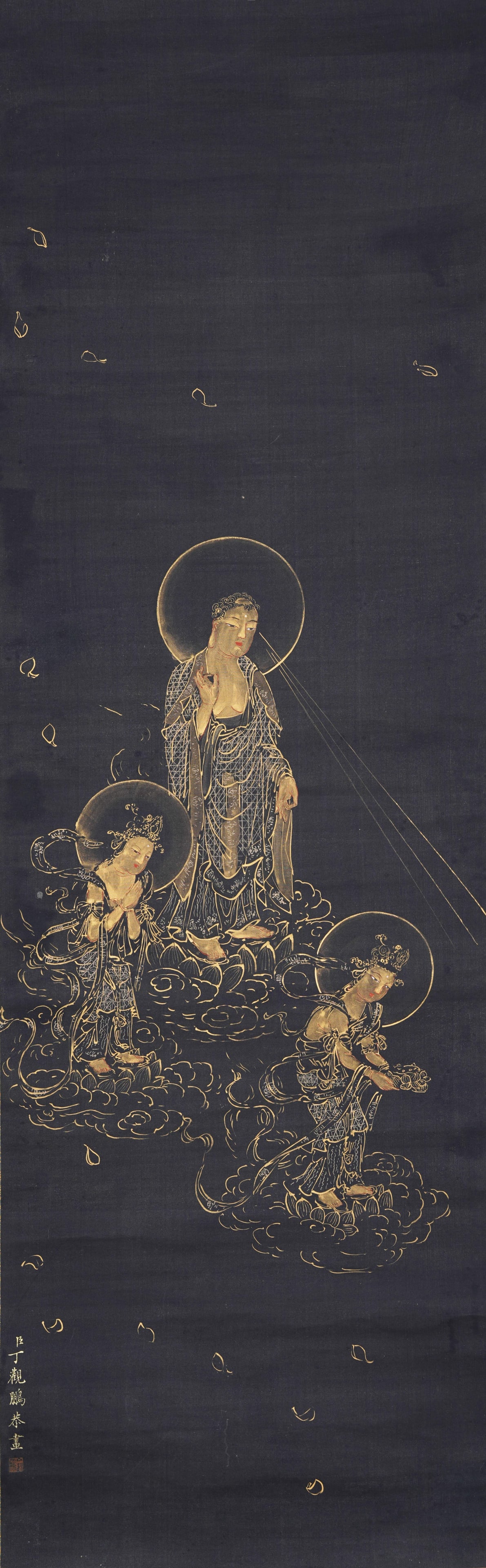 A GILDED LINE DRAWING BUDDHA PAINTING ON SILK BY DING GUANPENG.丁觀鵬 (1 of 9)