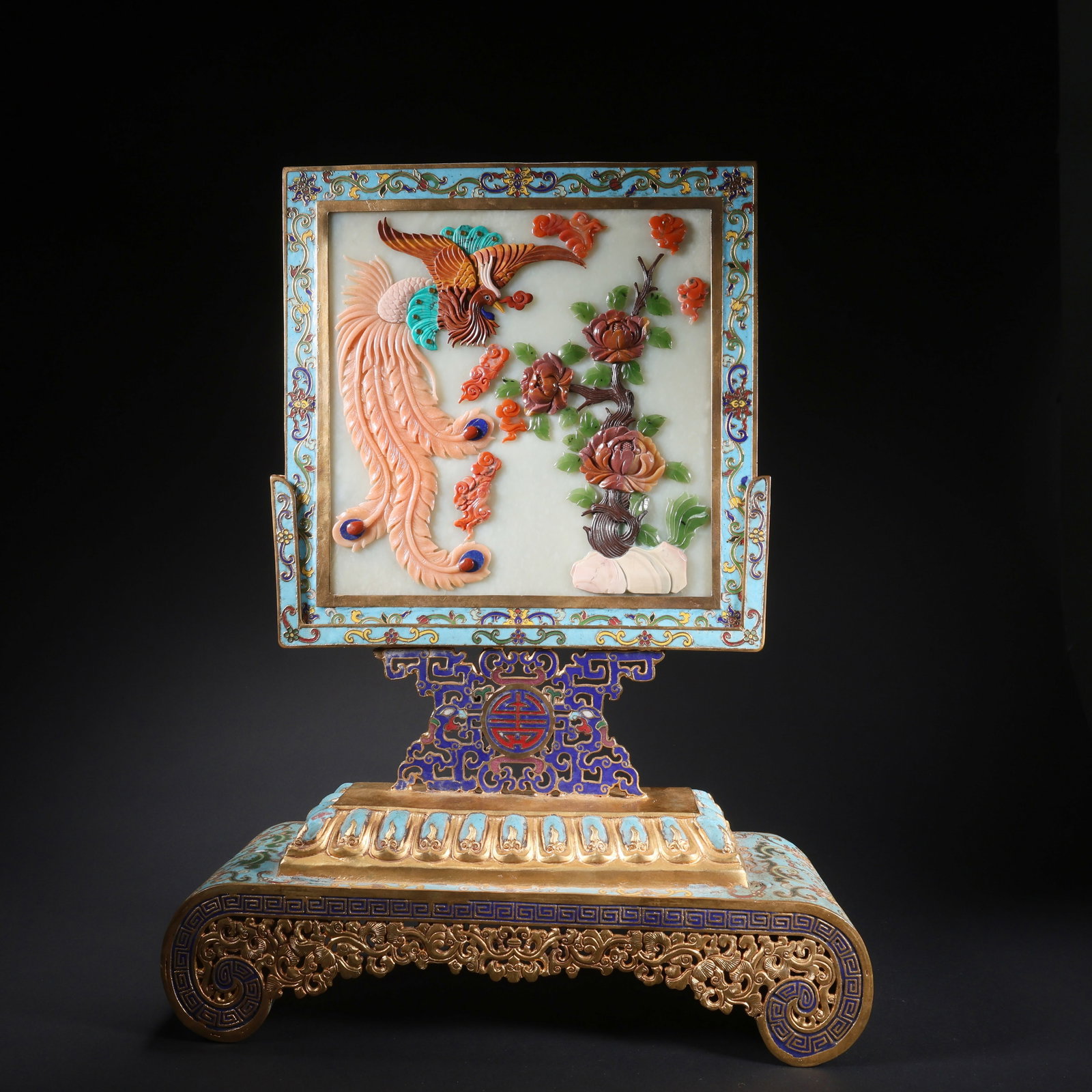 A HETIAN JADE CLOISONNÉ ENAMEL TABLE SCREEN WITH INLAID PRECIOUS STONES, PHOENIX AND PEONY MOTIF, (1 of 9)