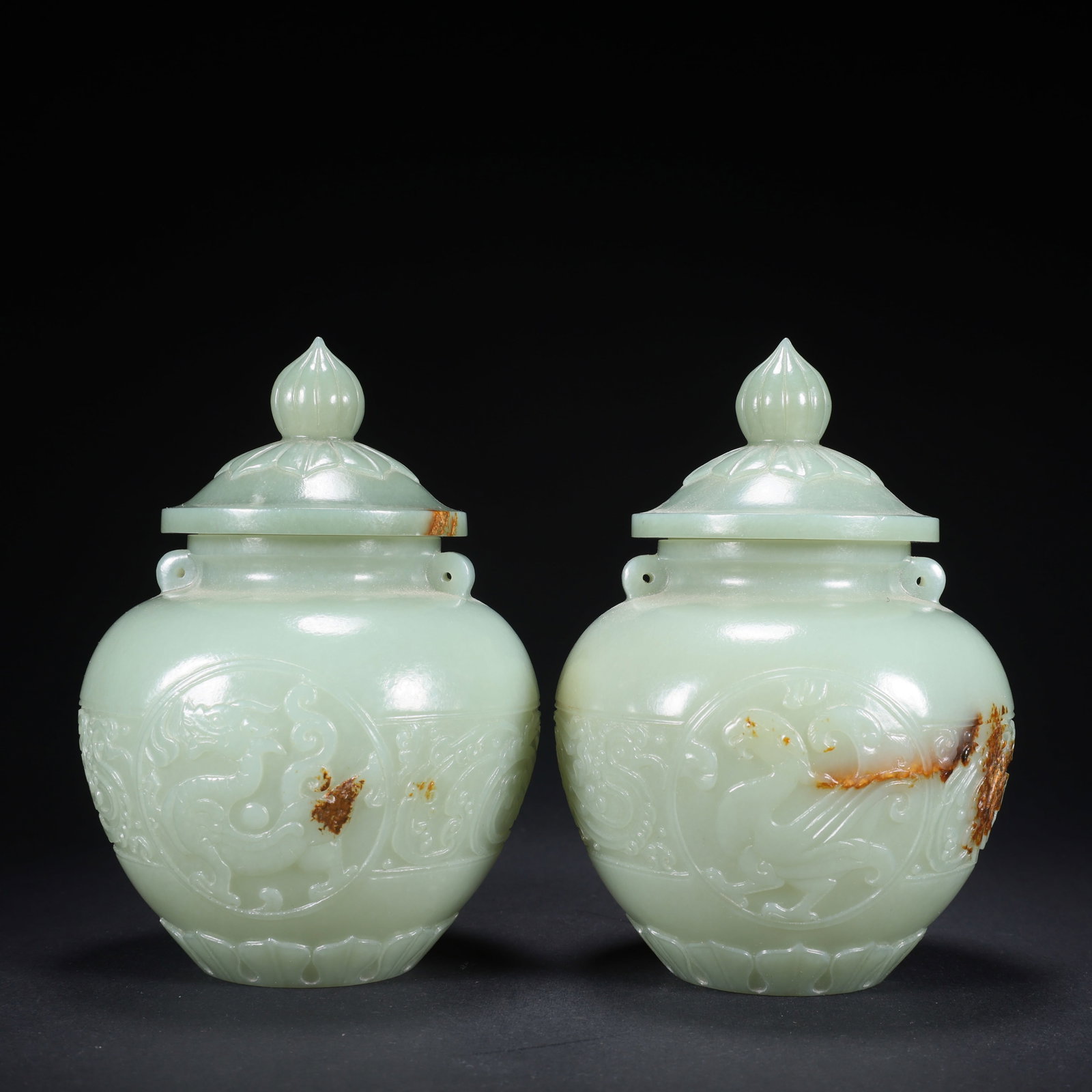 A HETIAN JADE COVERED JAR PAIR WITH FOUR DEITIES (1 of 9)