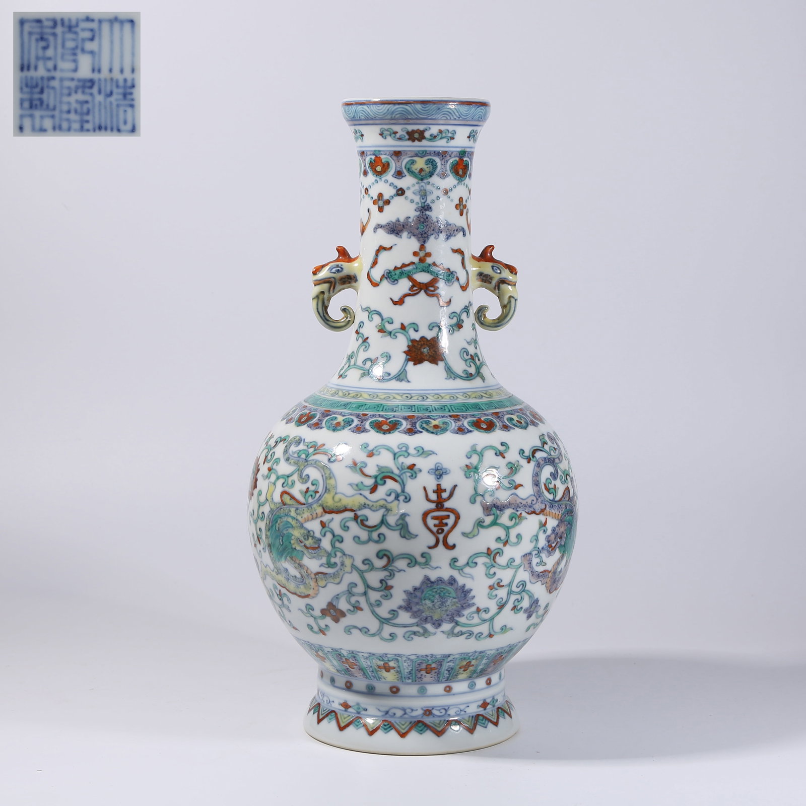 A DOUCAI "DRAGON AMONG FLOWERS" BEAST-HANDLED VASE (1 of 9)