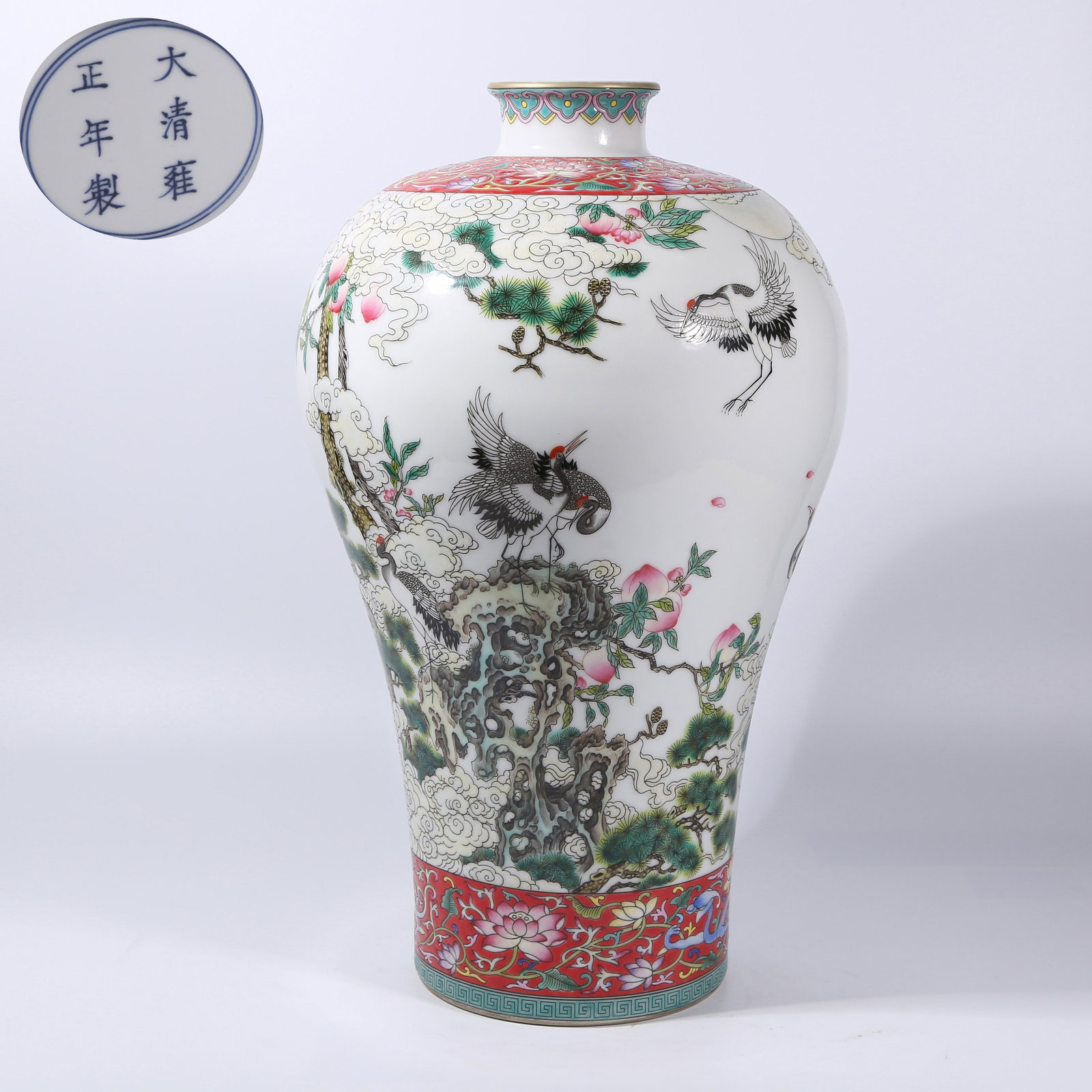 A FAMILLE ROSE "PINE AND CRANE FOR LONGEVITY" MEIPING VASE (1 of 9)