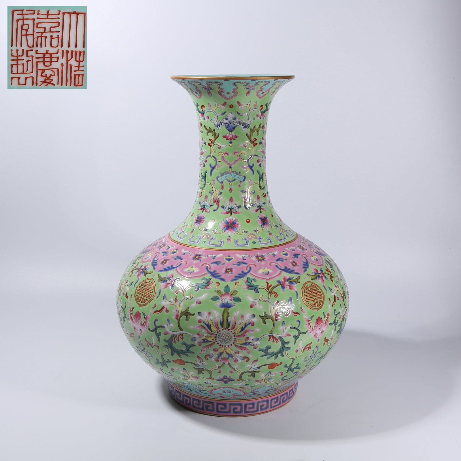 A GREEN-GROUND FAMILLE ROSE "PRECIOUS LOTUS" PATTERN APPRECIATION VASE (1 of 9)