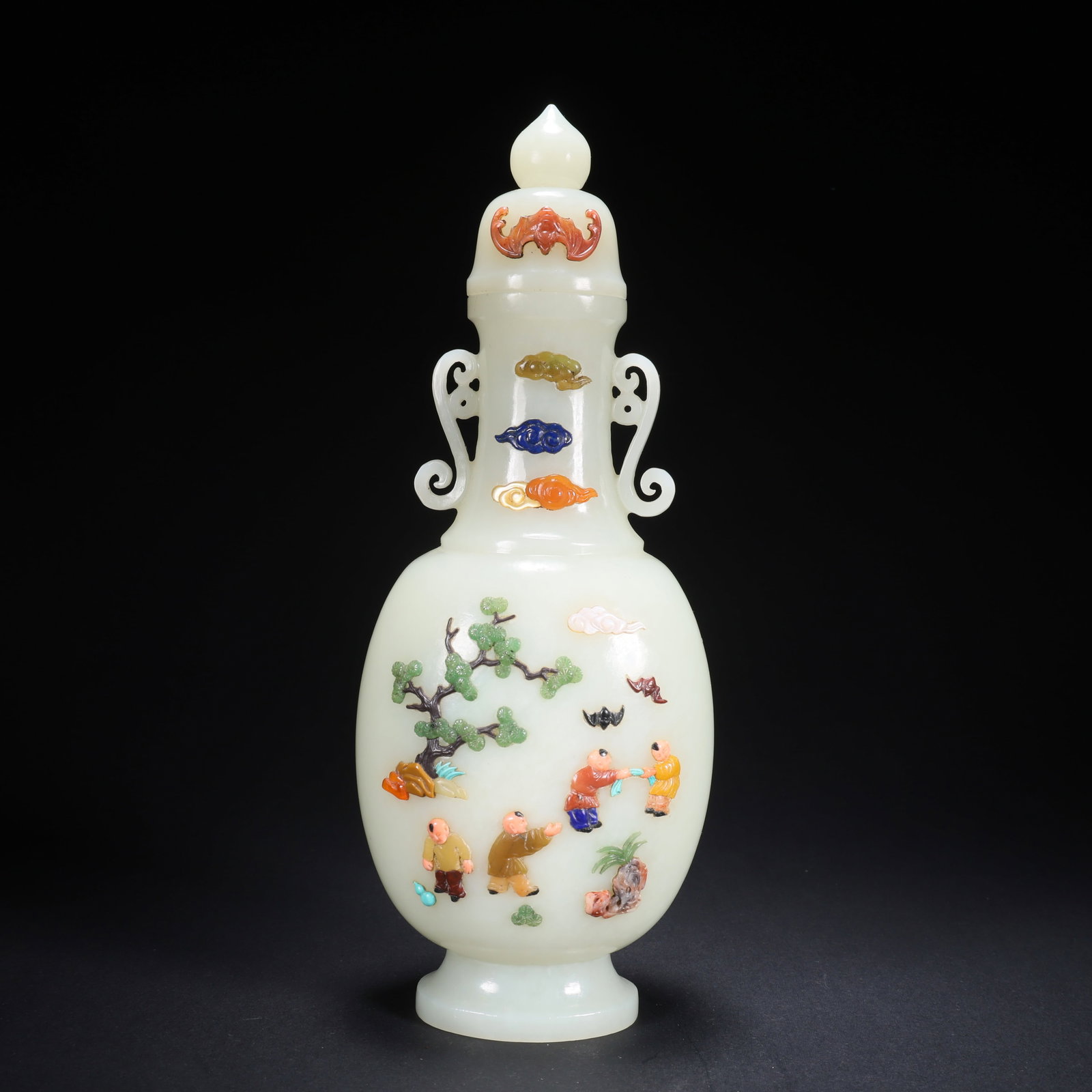 A HETIAN JADE COVERED VASE WITH INLAID PRECIOUS STONES AND FIGURES (1 of 9)