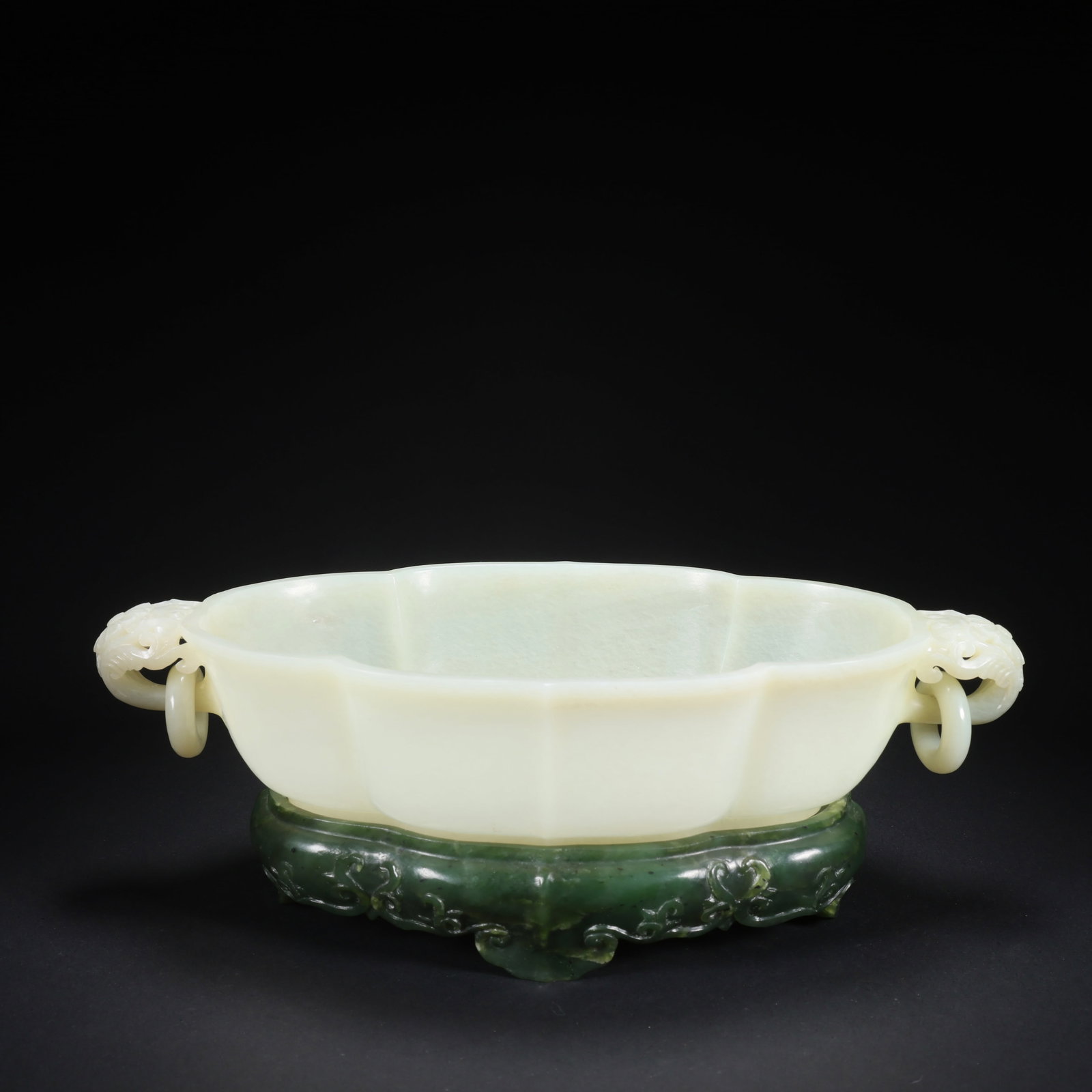 A HETIAN JADE OVAL BRUSH WASHER WITH DOUBLE RING HANDLES ON JASPER BASE (1 of 9)