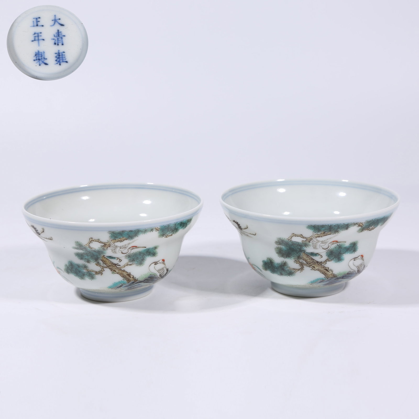 A FAMILLE ROSE "PINE AND CRANE FOR LONGEVITY" WAISTED CUP SET (1 of 8)