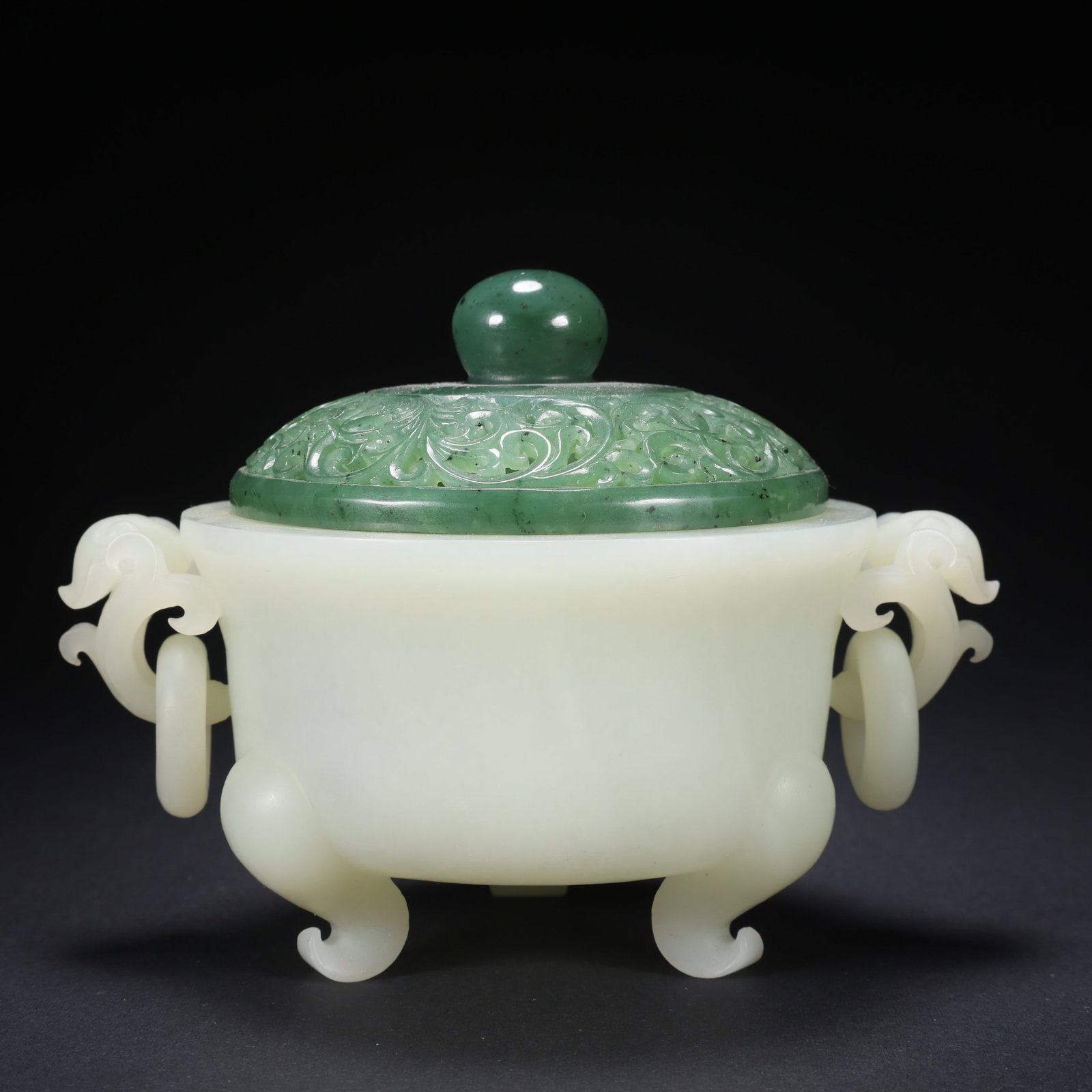 A HETIAN JADE OPENWORK COVERED CENSER WITH DOUBLE RUYI HANDLES ON JADE BASE (1 of 9)