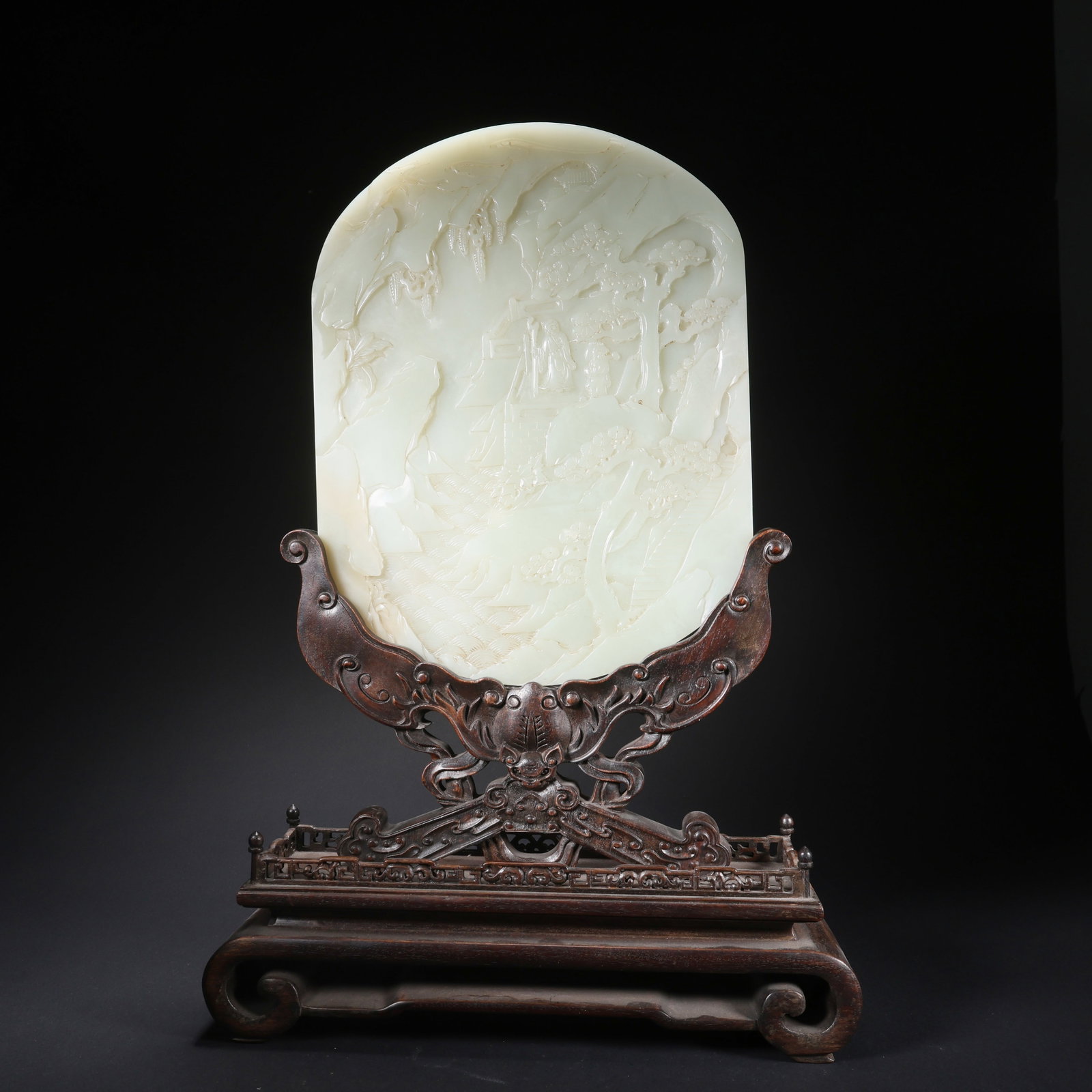 A HETIAN JADE TABLE SCREEN WITH LANDSCAPE, FIGURES, AND INSCRIPTION (1 of 9)