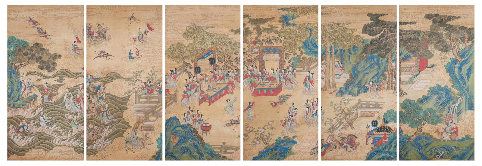 A ASSEMBLY OF IMMORTALS AT THE JADE POOL OF THE QUEEN MOTHER OF THE WEST ON SILK (6 PANELS) BY JIN: Assembly of Immortals at the Jade Pool of the Queen Mother of the West on Silk (6 panels) by Jin Tingbiao.金廷標