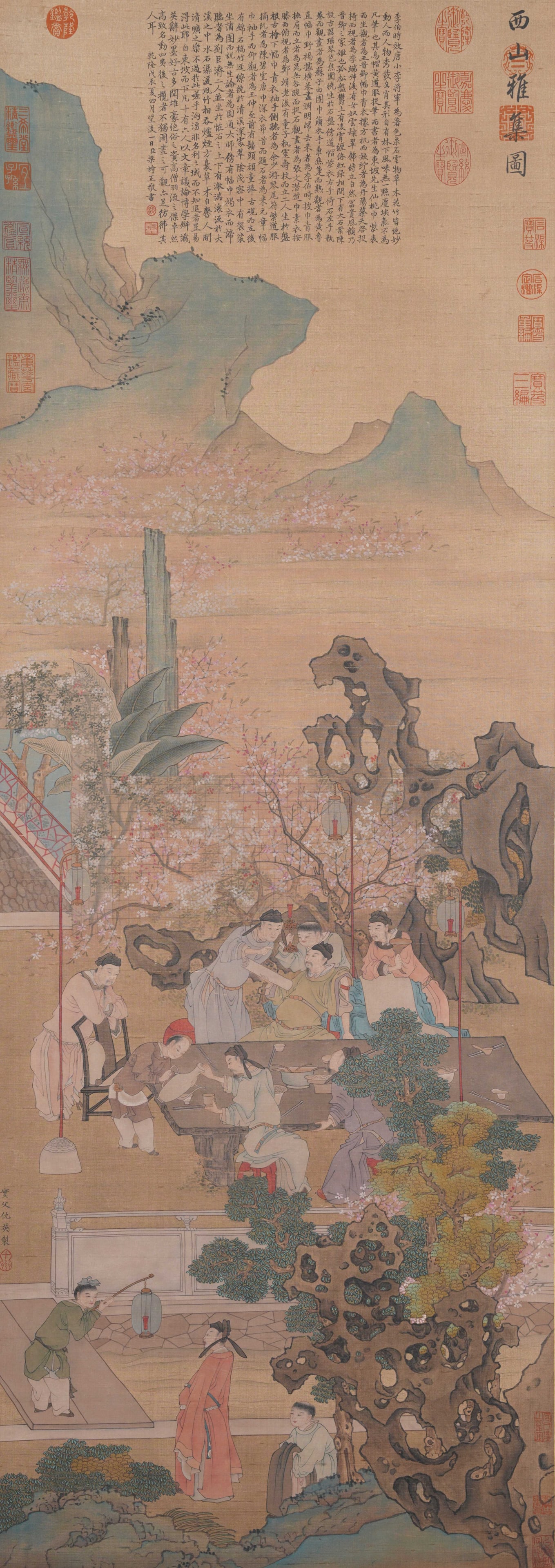 A ELEGANT GATHERING IN THE WESTERN HILLS ON SILK BY QIU YING.仇英: Elegant Gathering in the Western Hills on Silk by Qiu Ying.仇英