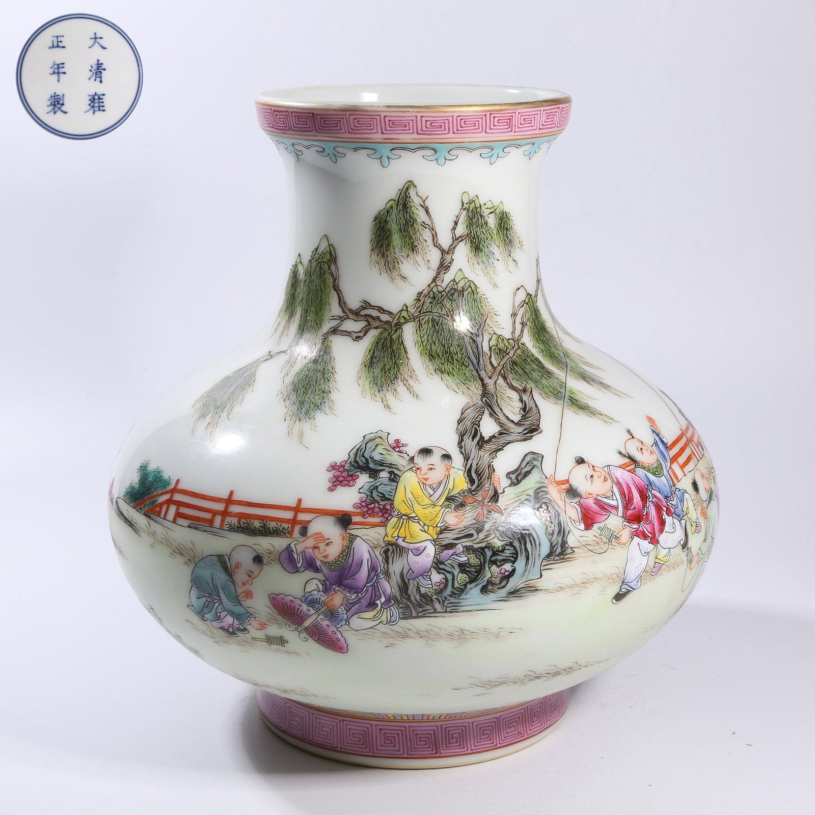 A FAMILLE ROSE "HUNDRED CHILDREN AT PLAY" FISH-BASKET ZUN: Famille rose "Hundred Children at Play" fish-basket zun