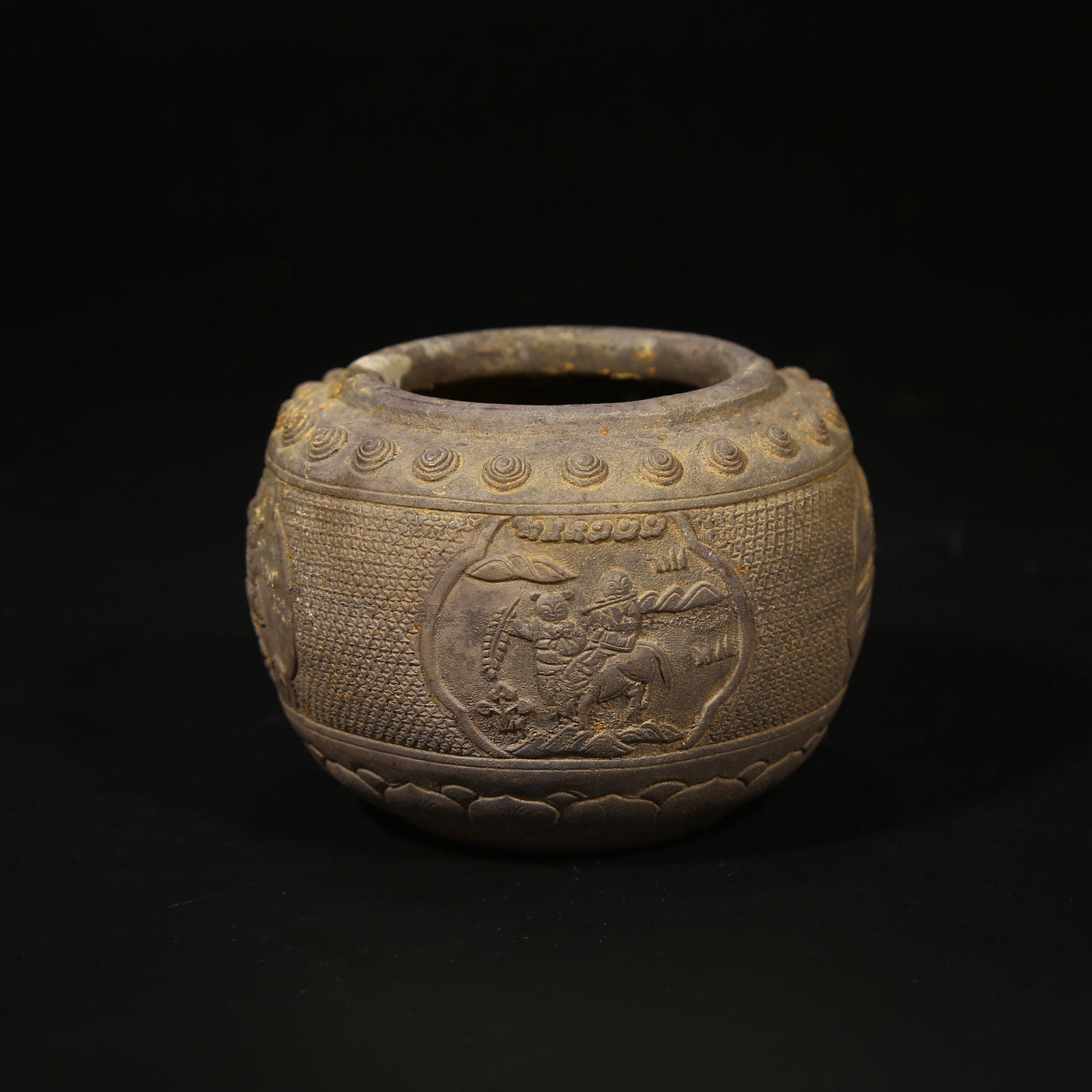 A SILVER WATER POT WITH HUMAN STORY SCENES: Silver water pot with human story scenes