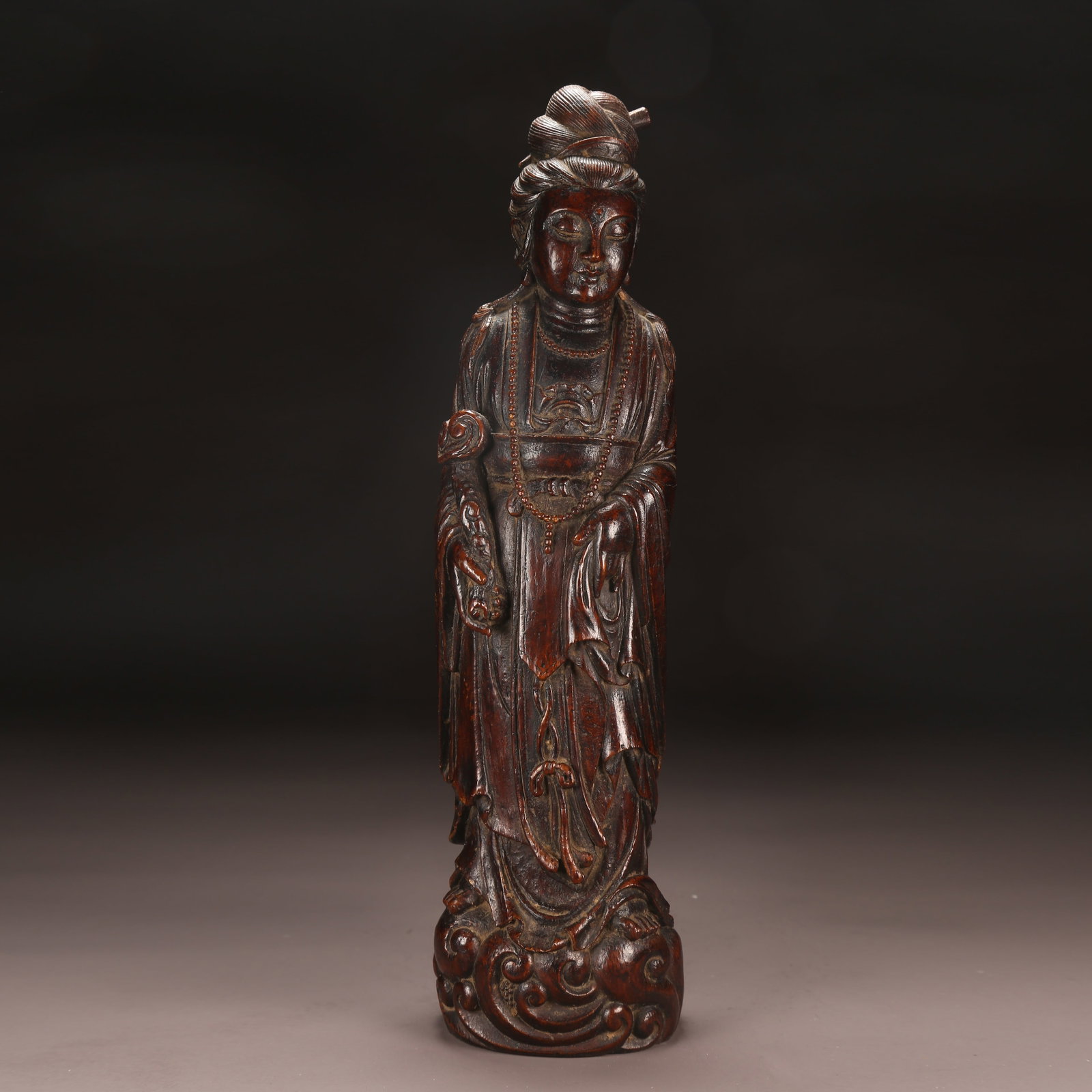 A BAMBOO ROOT CARVED STANDING GUANYIN: Bamboo Root Carved Standing Guanyin