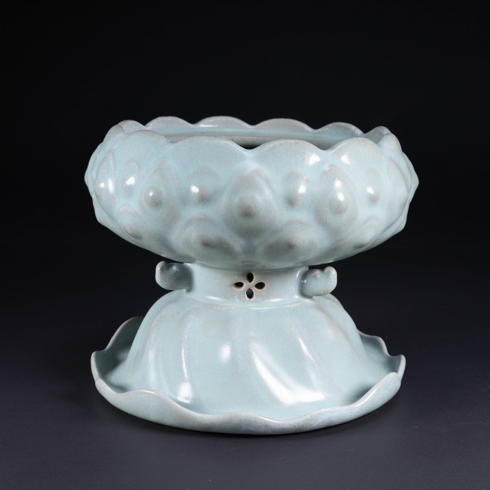 A CELADON HIGH-FOOT INCENSE BURNER WITH LOTUS PETAL PATTERN (1 of 9)