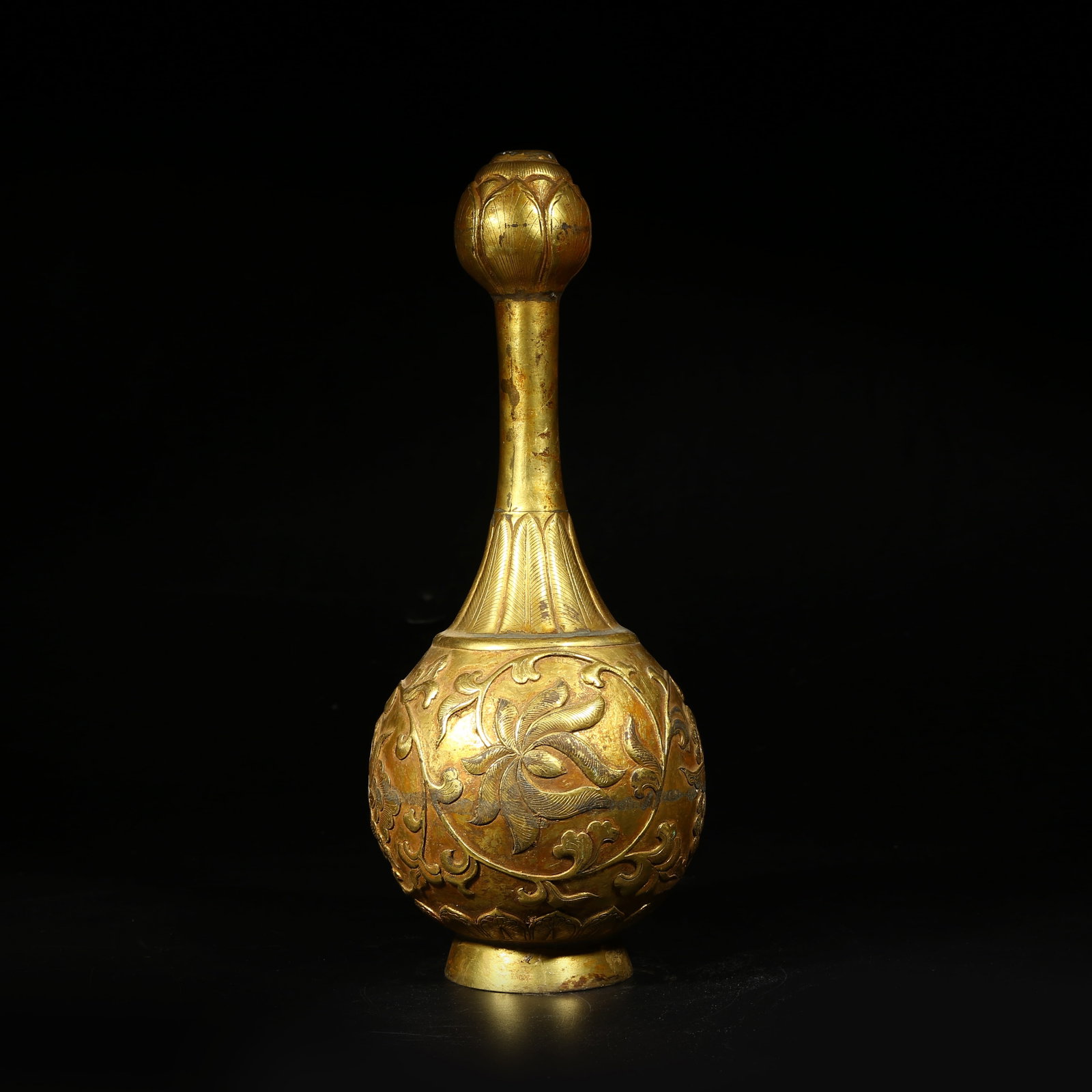A GILDED BRONZE GARLIC-SHAPED VASE WITH SCROLLING FLORAL DESIGN (1 of 9)