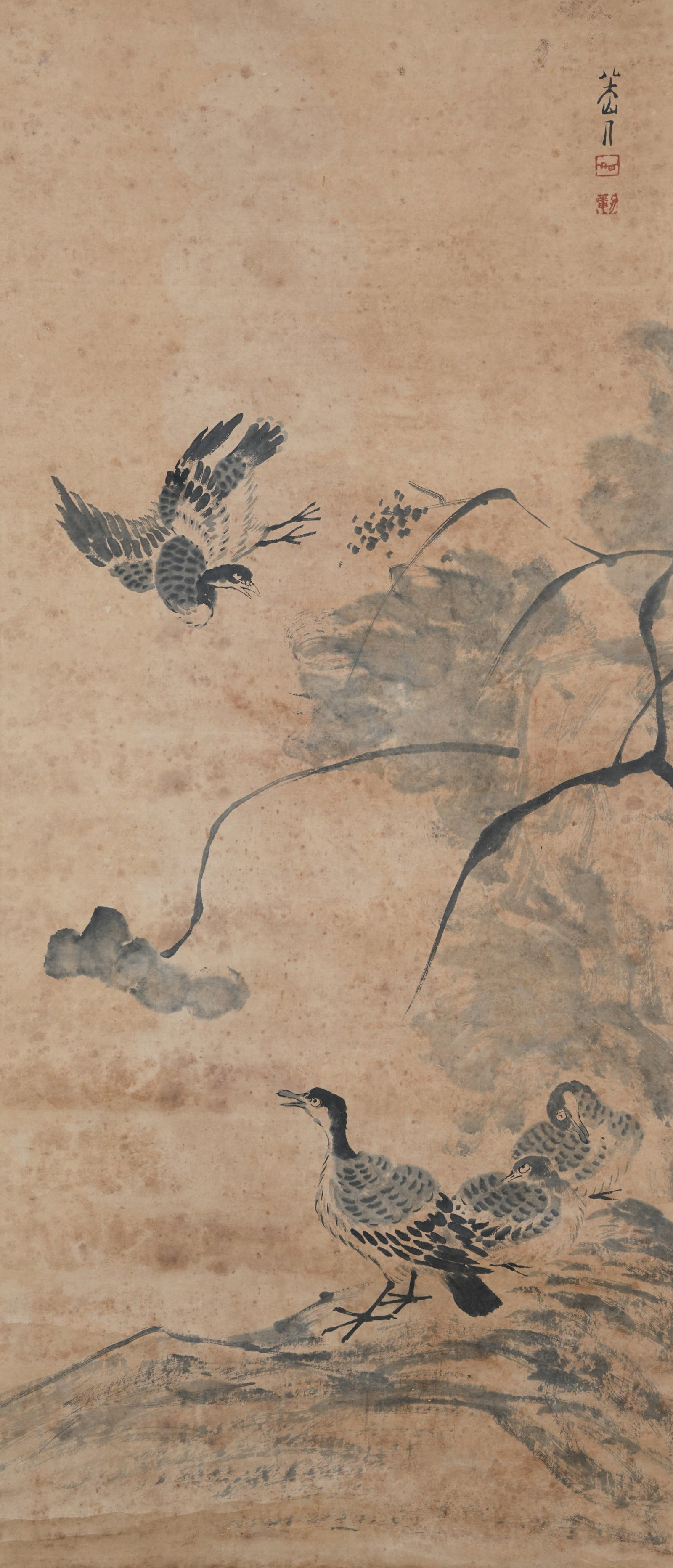 A FLOWER AND BIRD PAINTING ON PAPER BY BADA SHANREN.八大山人: Flower and Bird Painting on Paper by Bada Shanren.八大山人