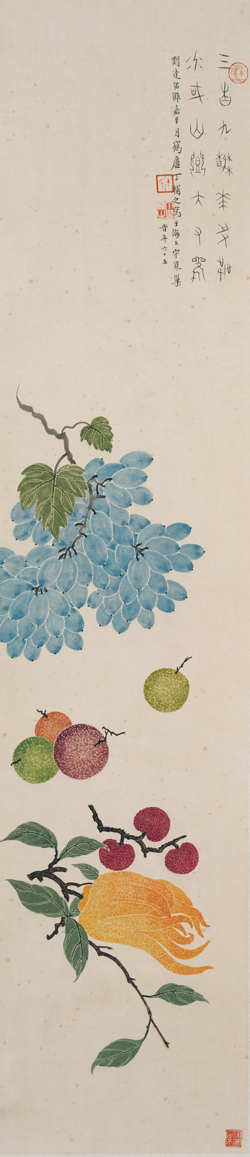 A FRUIT AND MELON PAINTING ON PAPER BY DING FUZHI.丁輔之: Fruit and Melon Painting on Paper by Ding Fuzhi.丁輔之