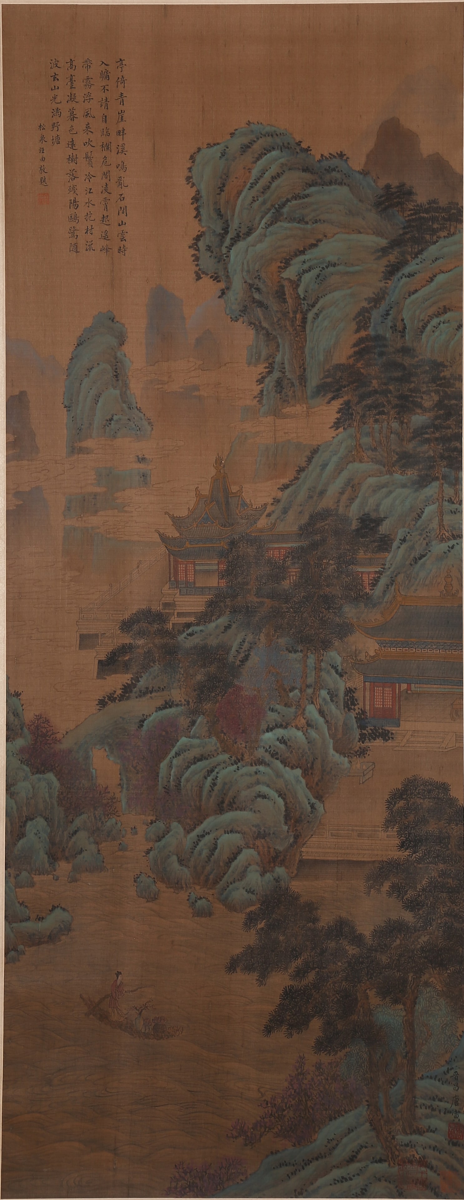 A LANDSCAPE AND PAVILION PAINTING ON SILK BY TANG BOHU.唐伯虎: Landscape and pavilion painting on silk by Tang Bohu.唐伯虎