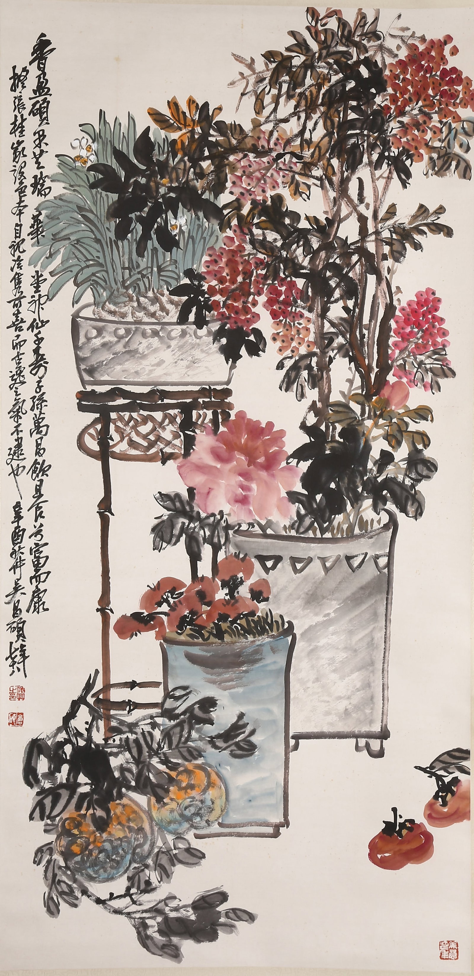 A FLOWER PAINTING ON PAPER BY WU CHANGSHUO.吳昌碩: Flower painting on paper by Wu Changshuo.吳昌碩