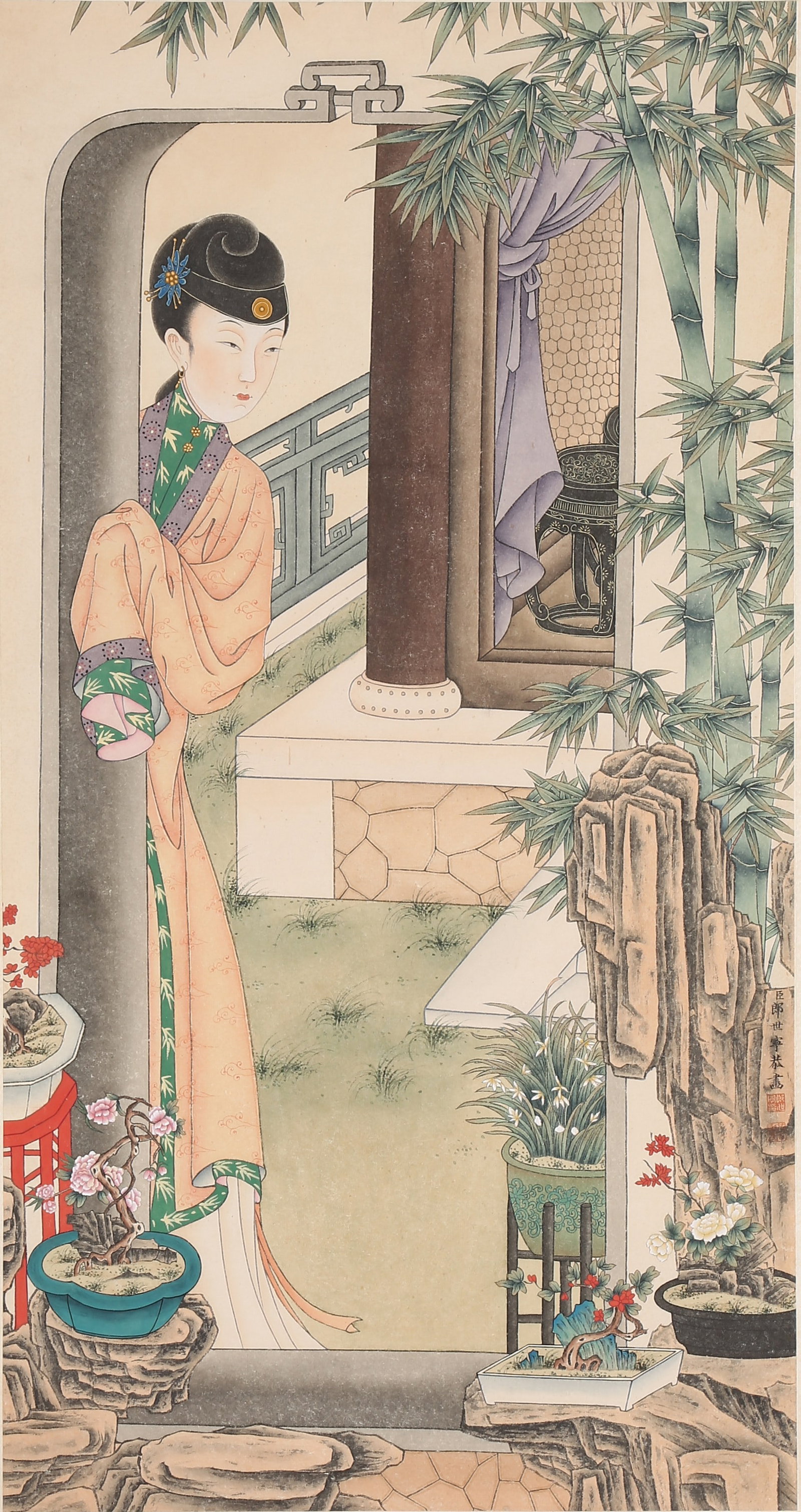 A LADY PAINTING ON PAPER BY GIUSEPPE CASTIGLIONE (LANG SHINING).郎世寧: Lady painting on paper by Giuseppe Castiglione (Lang Shining).郎世寧