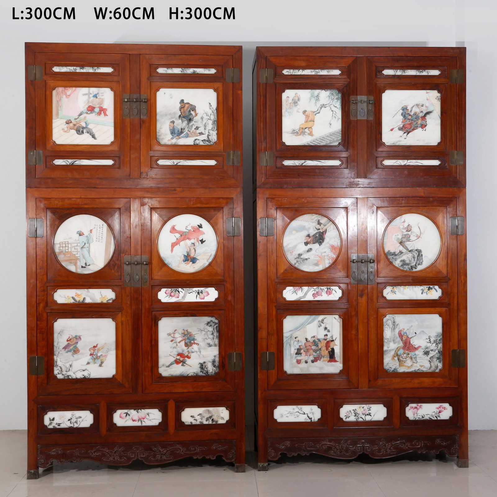 A SET OF LARGE HUANGHUALI TOP CHEST CABINETS INLAID WITH CLOUD-PATTERN STONE AND PAINTED WITH WATER: Set of Large Huanghuali Top Chest Cabinets Inlaid with Cloud-Pattern Stone and Painted with Water Margin Figures