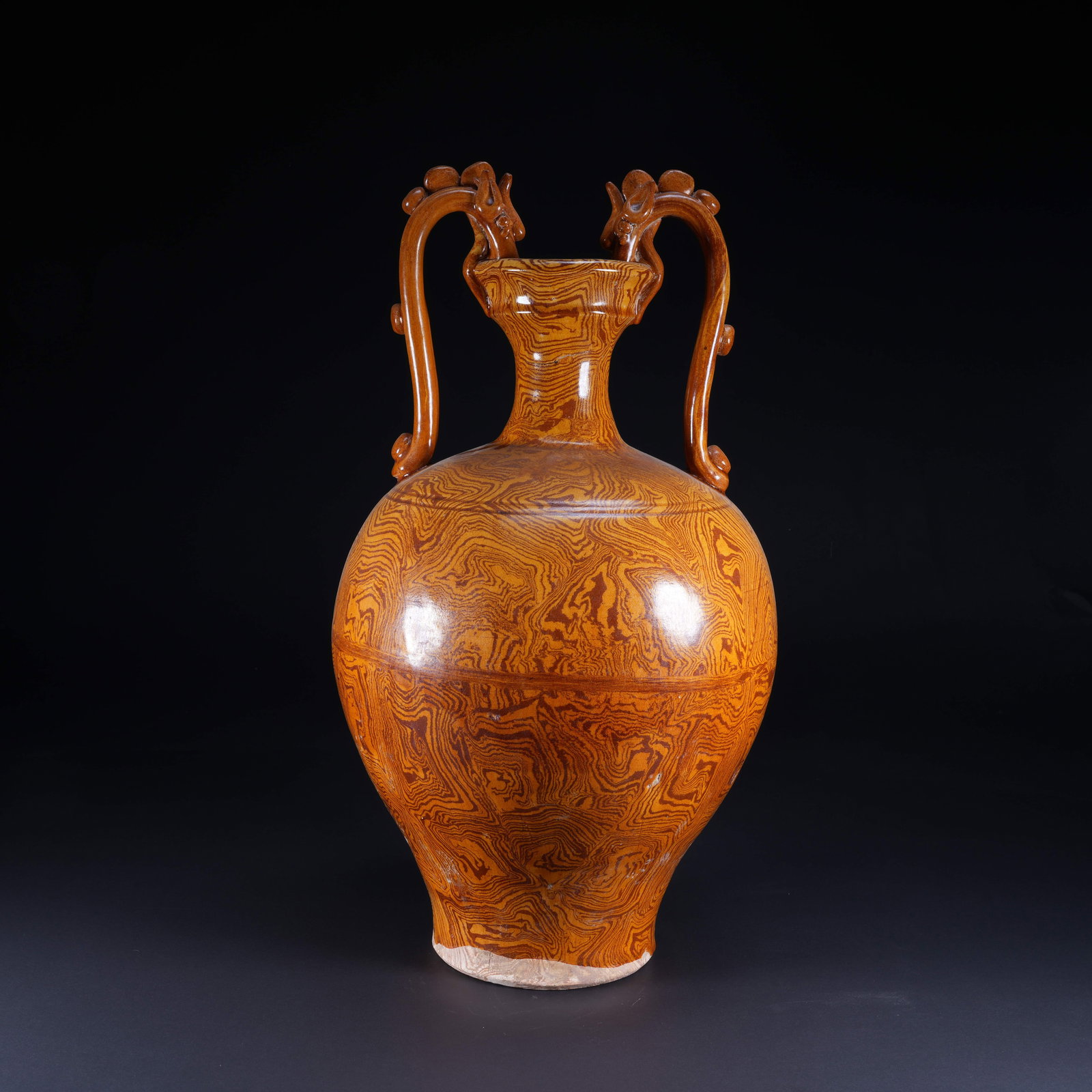 A MARBLED CLAY VASE WITH DOUBLE DRAGON HANDLES: Marbled Clay Vase with Double Dragon Handles