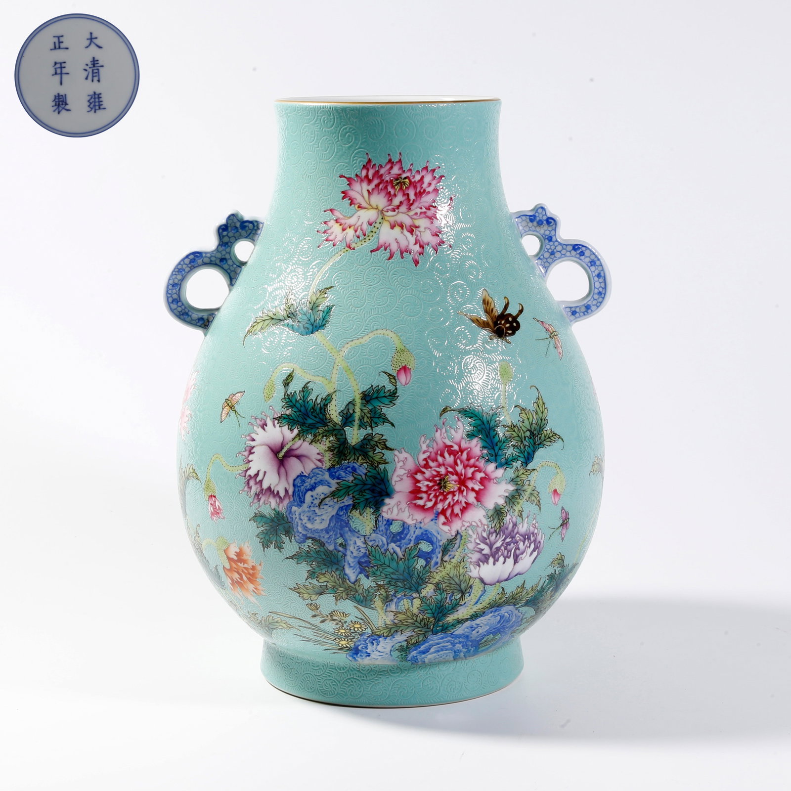 A TURQUOISE-GREEN GROUND FAMILLE-ROSE FLORAL DISH-PATTERN ZUN (1 of 10)