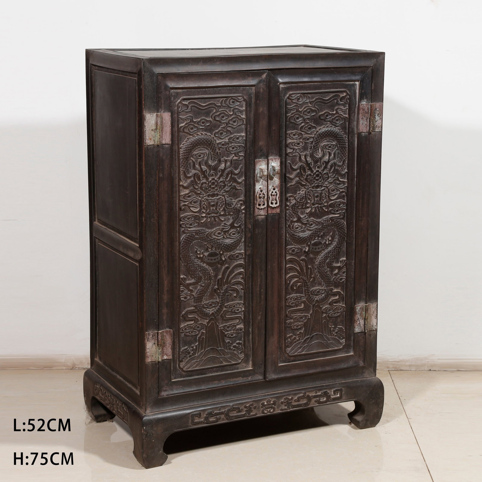A ZITAN WOOD BOOK CABINET WITH CLOUD-AND-DRAGON DESIGN: Zitan Wood Book Cabinet with Cloud-and-Dragon Design