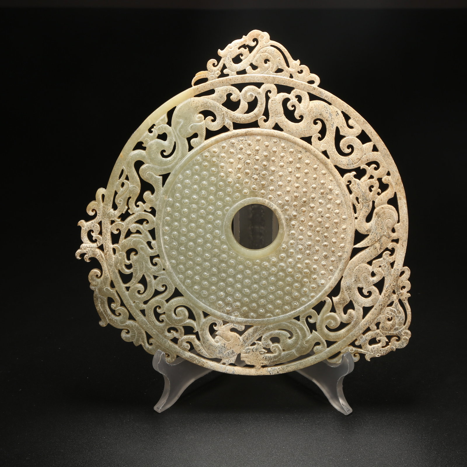 A ANCIENT JADE DIVINE PHOENIX-PATTERNED BI WITH RAISED RIM (1 of 9)