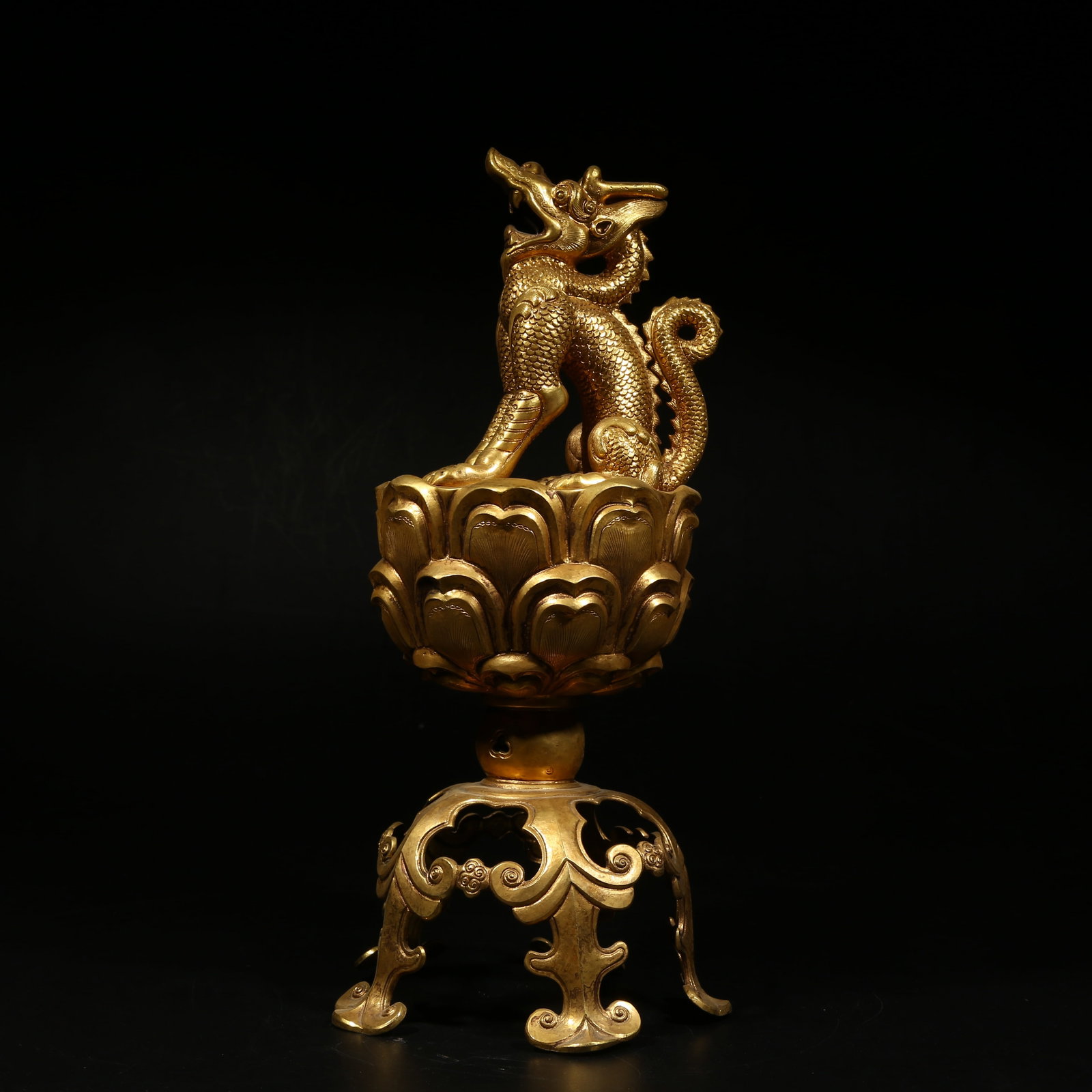 A GILDED BRONZE INCENSE BURNER WITH DRAGON PEDESTAL (1 of 9)