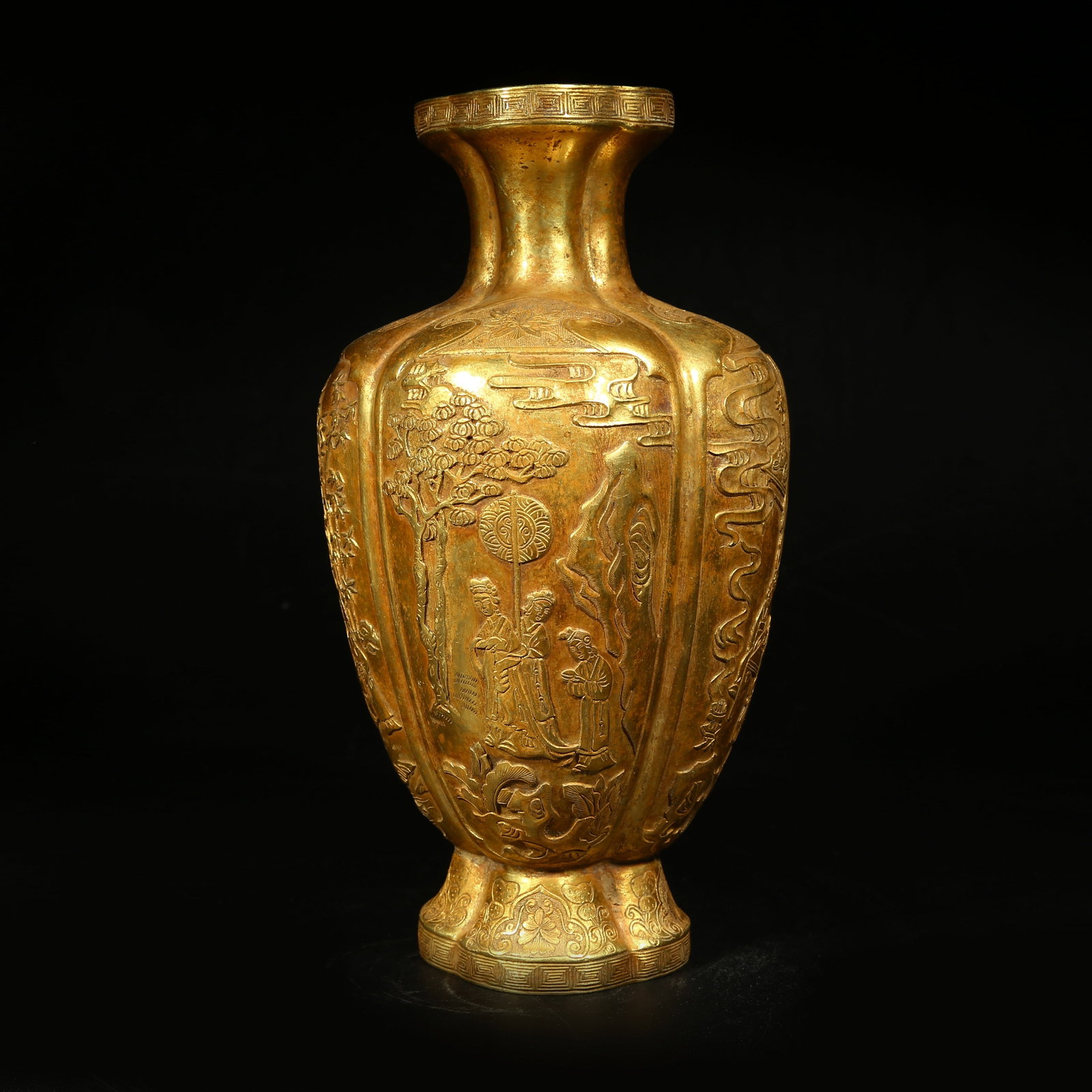 A GILDED BRONZE SQUARE VASE WITH COURTYARD LADY SCENES (1 of 9)
