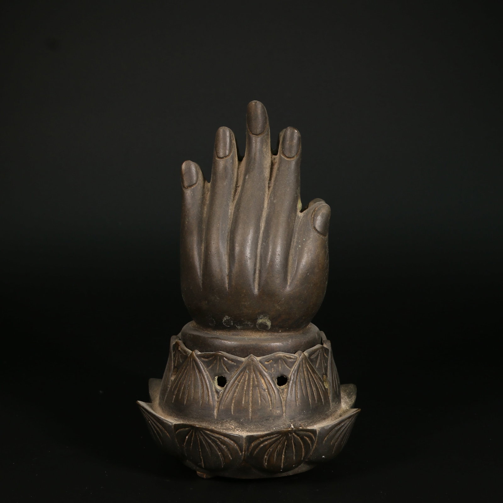 A BRONZE LOTUS PEDESTAL BUDDHA-HAND INCENSE BURNER (1 of 8)