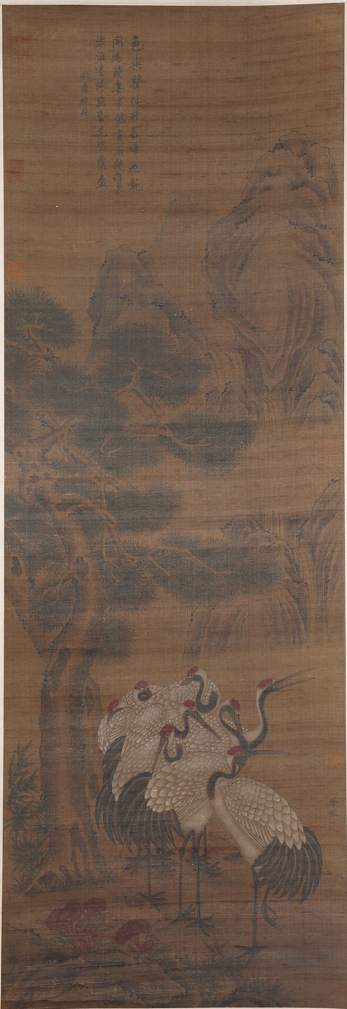 A PINE-AND-CRANE PAINTING ON SILK BY XU XI.徐熙: Pine-and-crane painting on silk by Xu Xi.徐熙