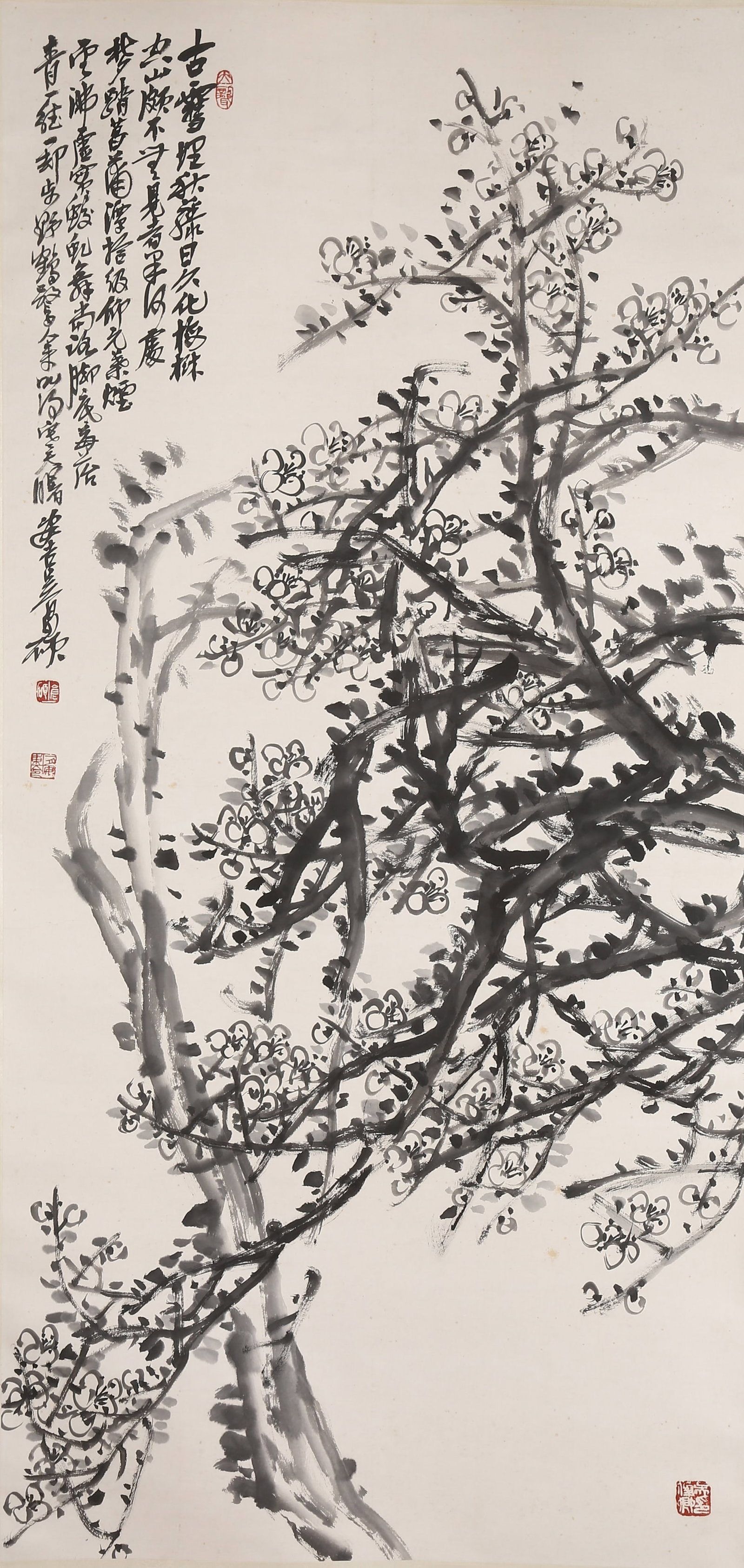 A PLUM-BLOSSOM PAINTING ON PAPER BY WU CHANGSHUO.吳昌碩: Plum-blossom painting on paper by Wu Changshuo.吳昌碩