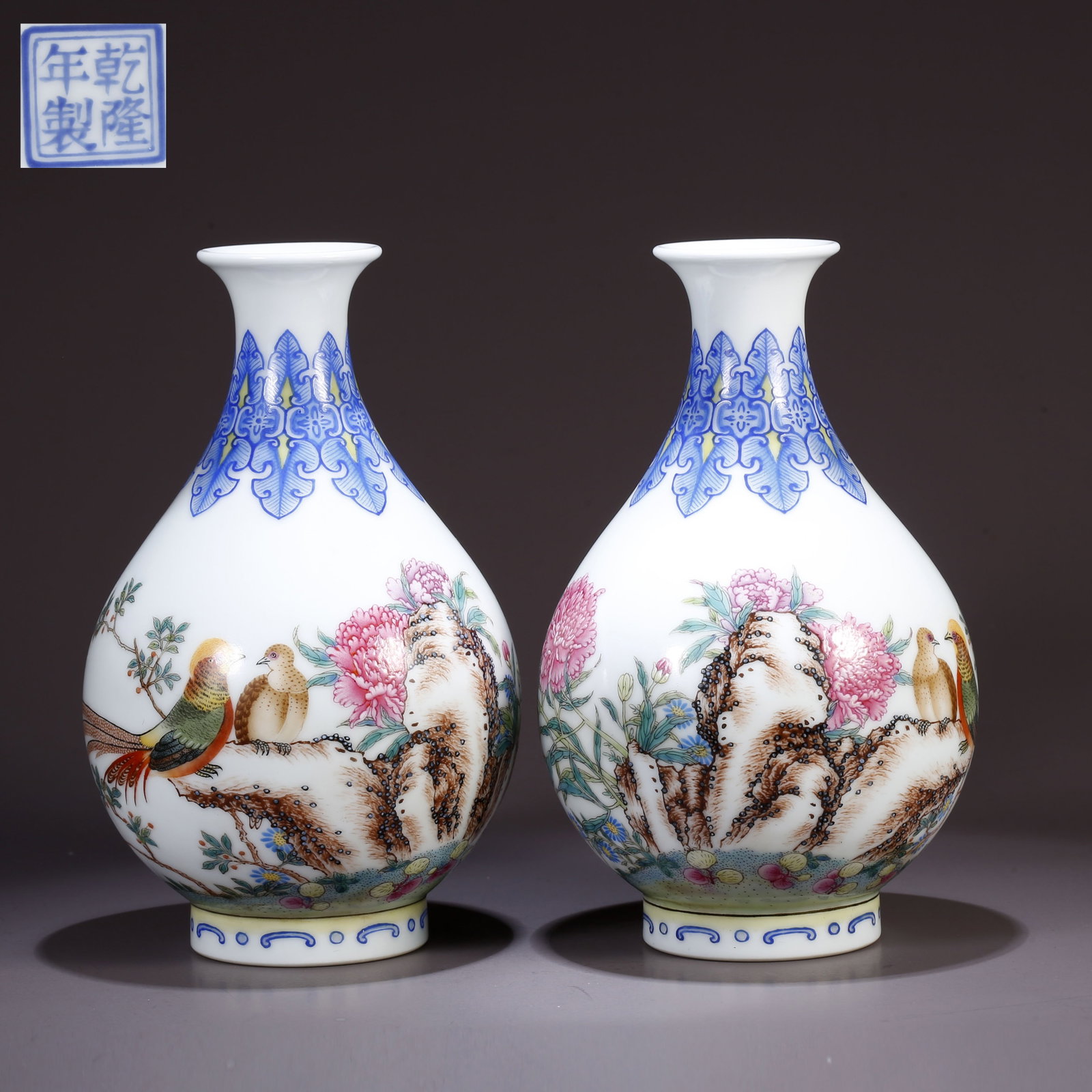 A FAMILLE ENAMEL FLORAL-AND-BIRD PATTERN YUHUCHUN VASE (PAIR): Famille Enamel Floral-and-Bird Pattern Yuhuchun Vase (Pair)