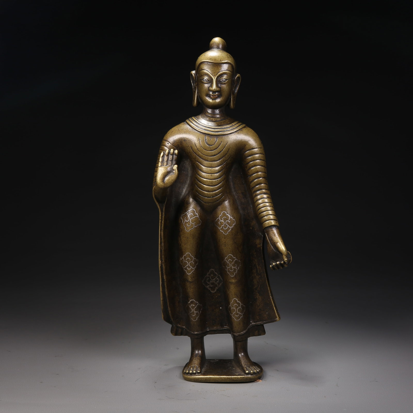 A ALLOY BRONZE SHAKYAMUNI STATUE INLAID WITH SILVER (1 of 8)