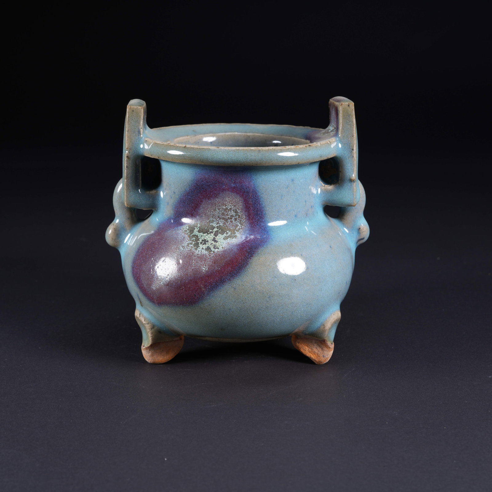 A JUN KILN TRIPOD INCENSE BURNER WITH DOUBLE HANDLES: Jun Kiln Tripod Incense Burner with Double Handles