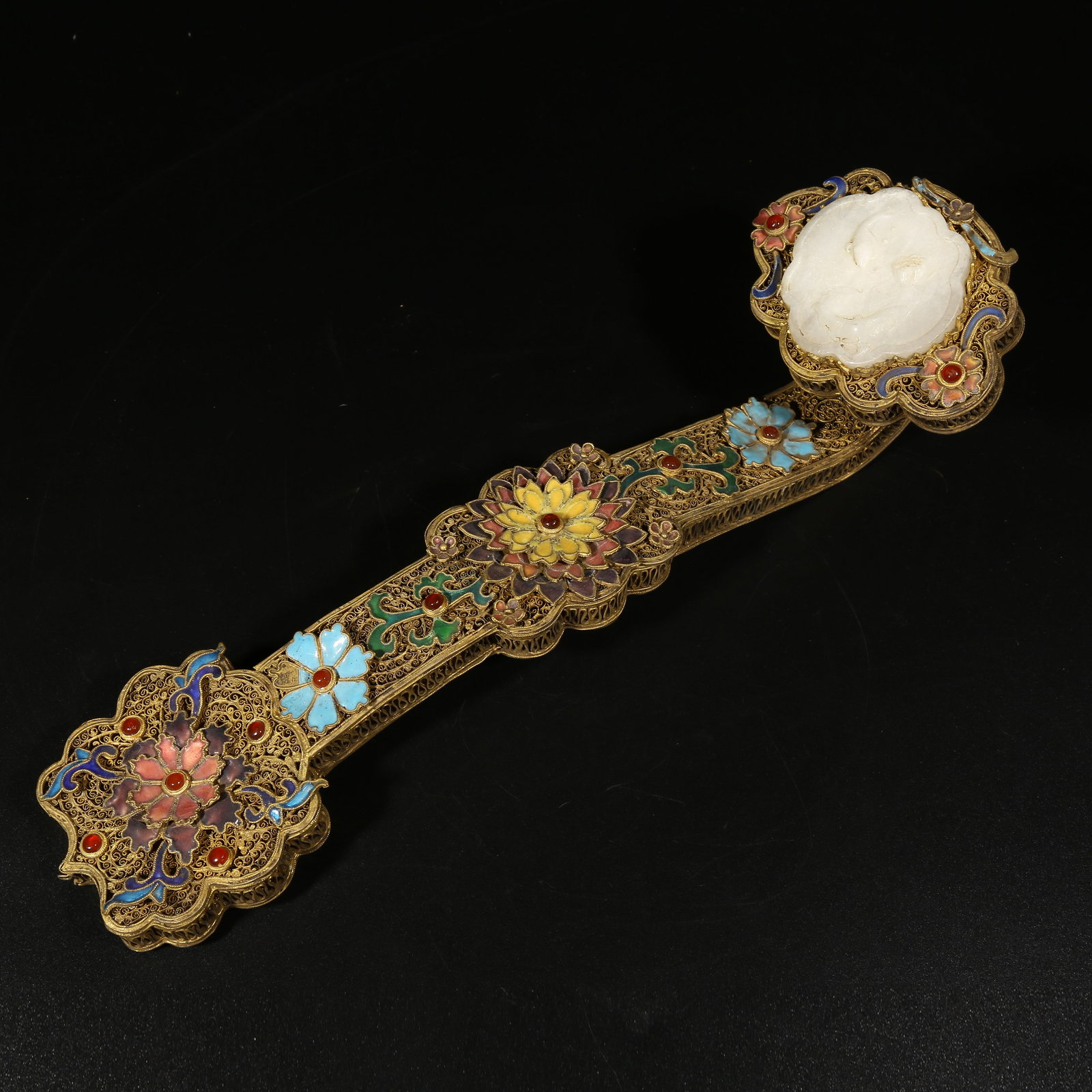 A GILDED SILVER FILIGREE CLOISONNÉ RUYI SCEPTER WITH FLORAL DESIGNS (1 of 6)