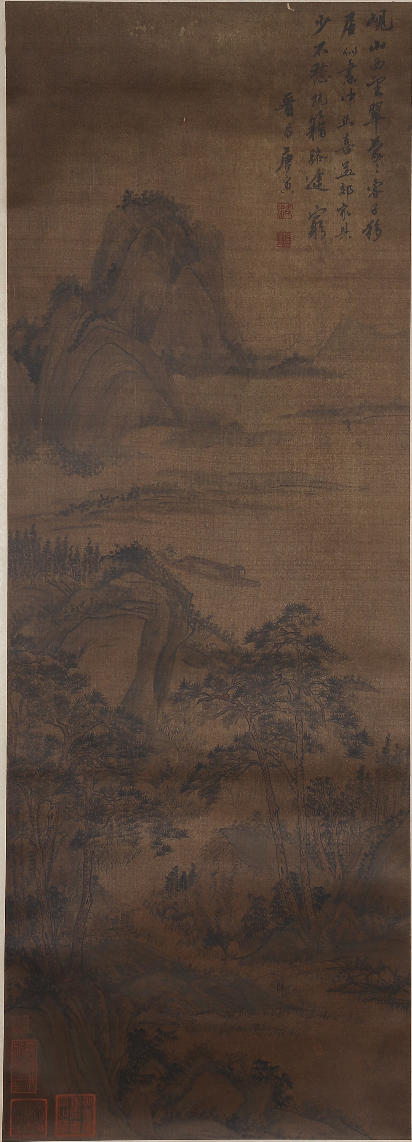 A LANDSCAPE PAINTING ON SILK BY TANG BOHU.唐伯虎: Landscape painting on silk by Tang Bohu.唐伯虎
