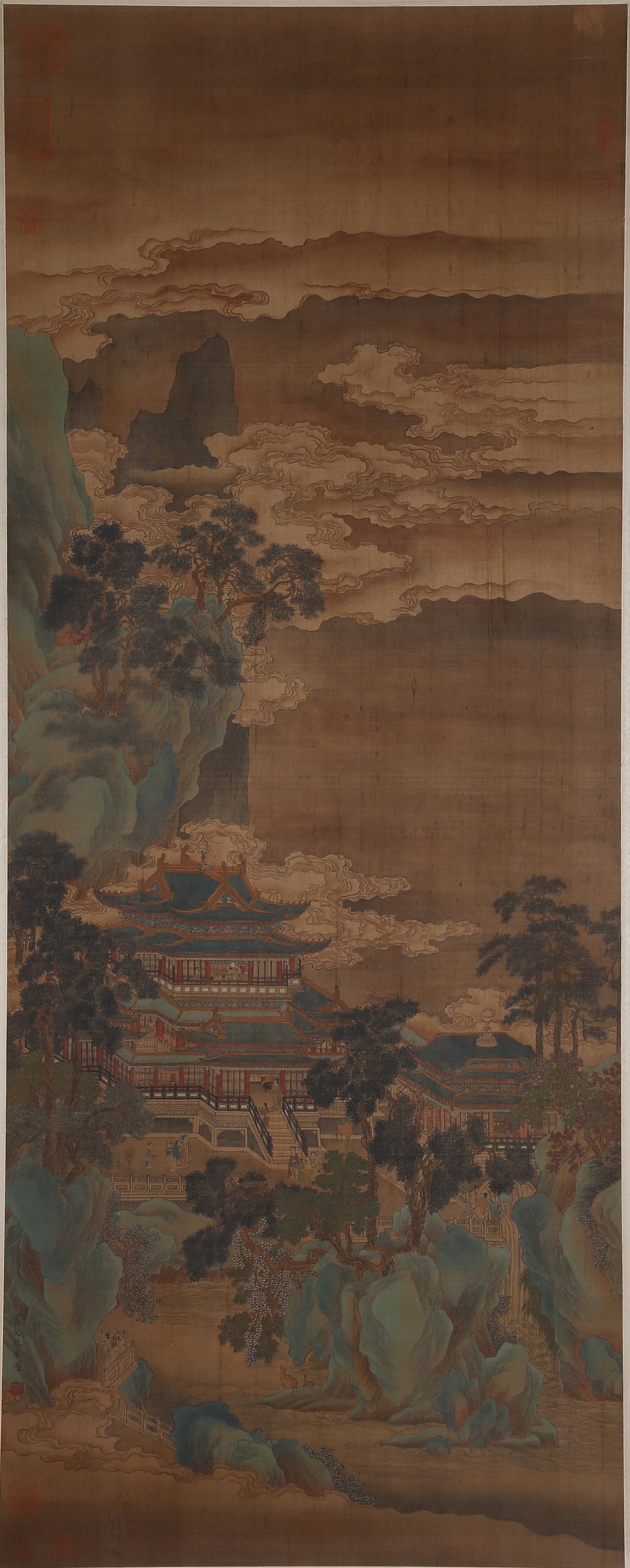 A LANDSCAPE AND PAVILION PAINTING ON SILK BY QIU YING.仇英: Landscape and pavilion painting on silk by Qiu Ying.仇英