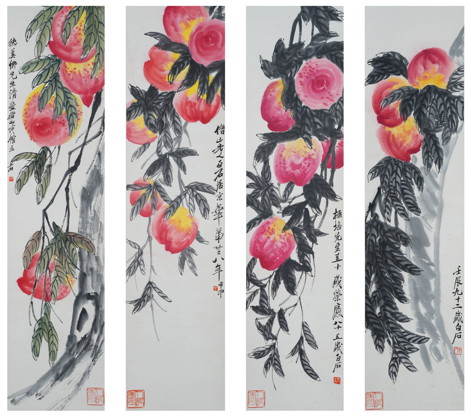 A LONGEVITY PEACH PAINTING ON PAPER BY QI BAISHI.齊白石: Longevity Peach Painting on Paper by Qi Baishi.齊白石