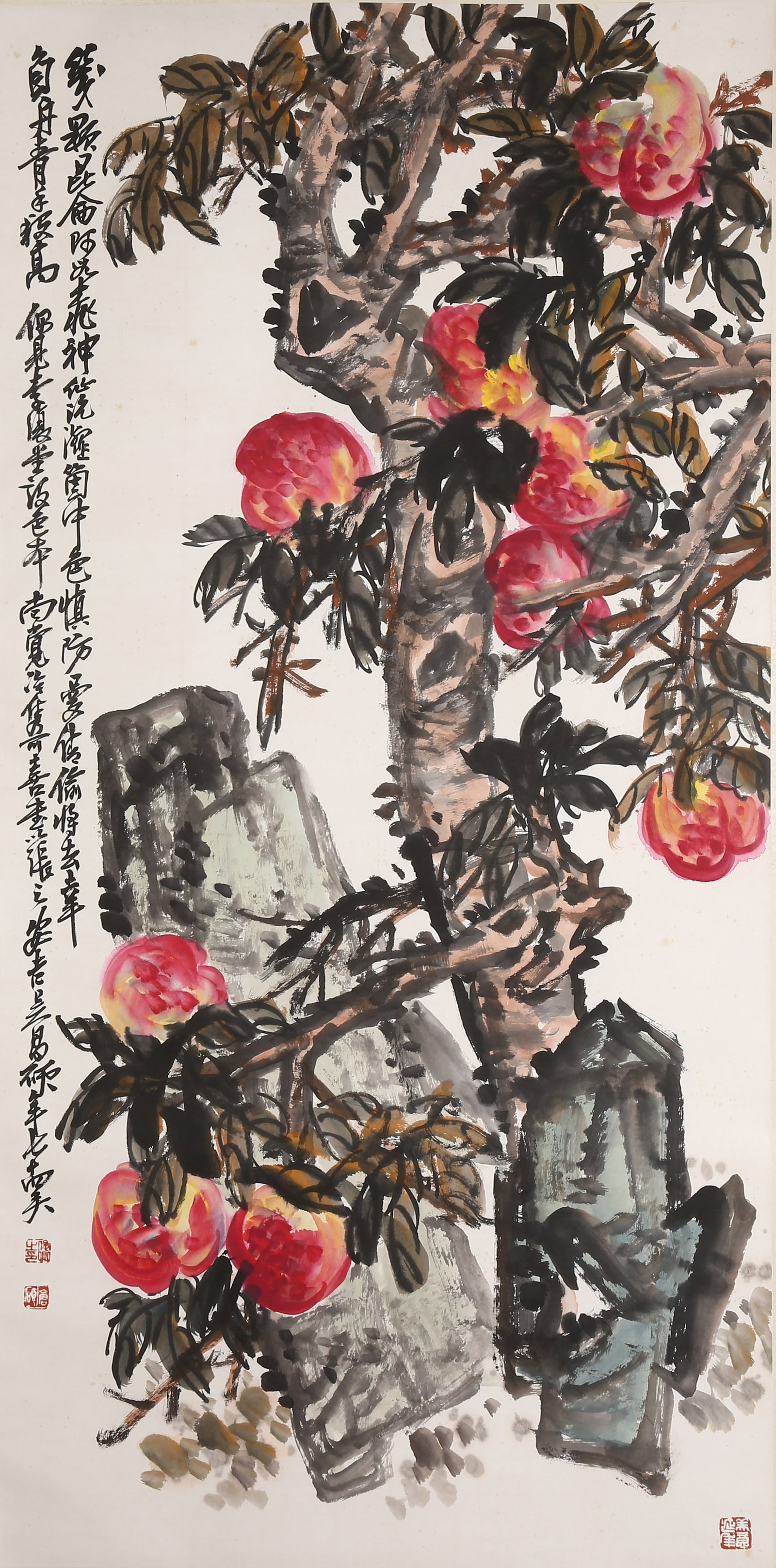 A LONGEVITY-PEACH PAINTING ON PAPER BY WU CHANGSHUO.吳昌碩: Longevity-peach painting on paper by Wu Changshuo.吳昌碩