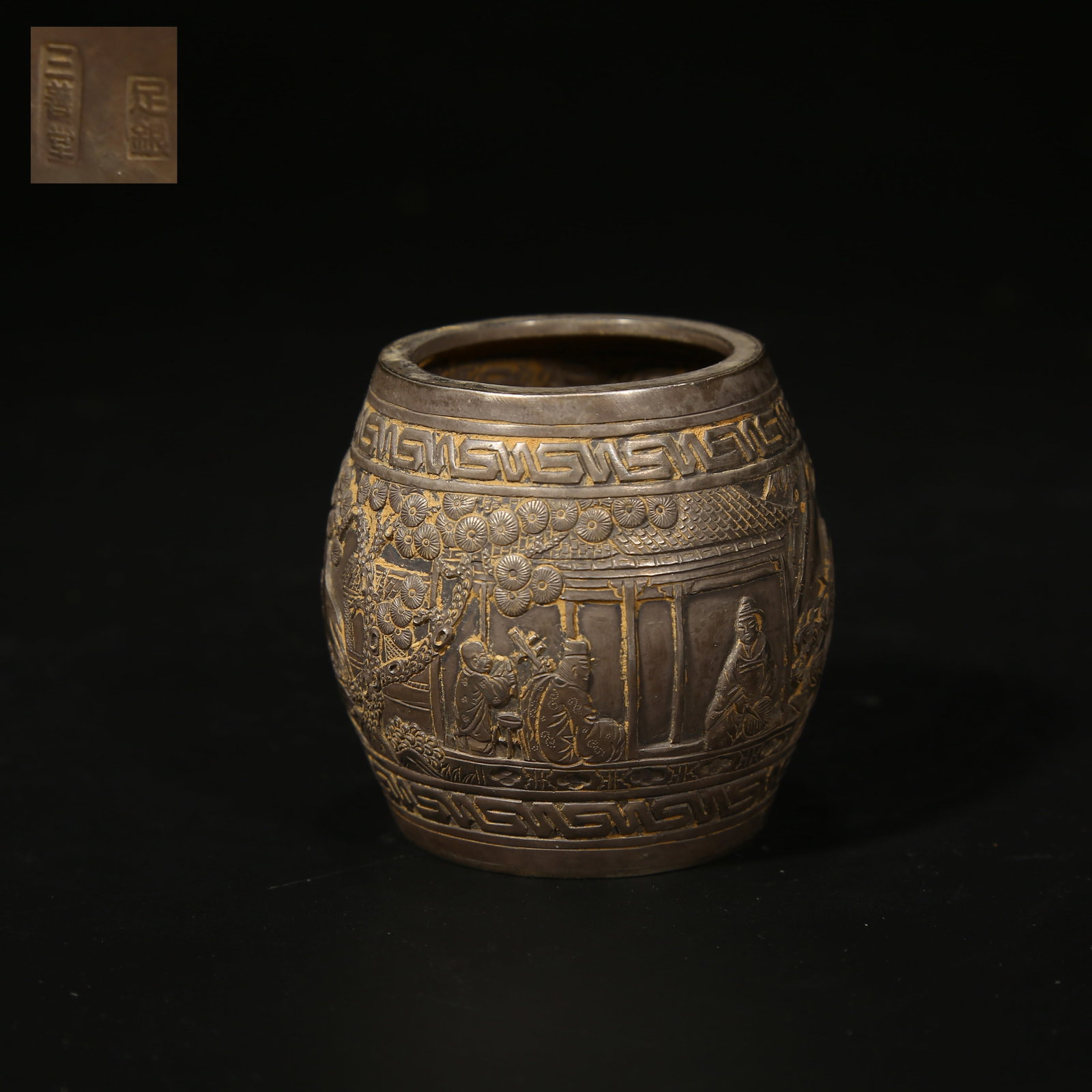 A SILVER WATER POT WITH VISITING FRIENDS MOTIF (1 of 9)