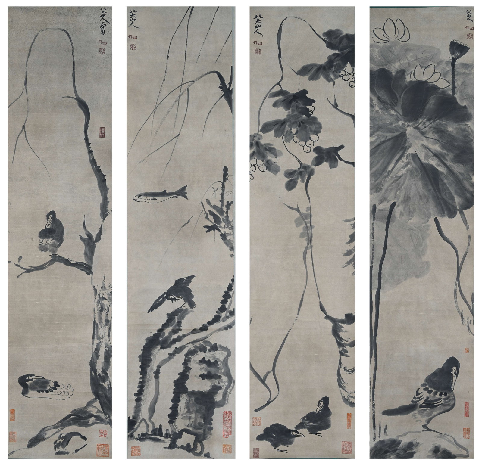 A FLOWER AND BIRD PAINTING ON PAPER BY BADA SHANREN.八大山人: Flower and Bird Painting on Paper by Bada Shanren.八大山人